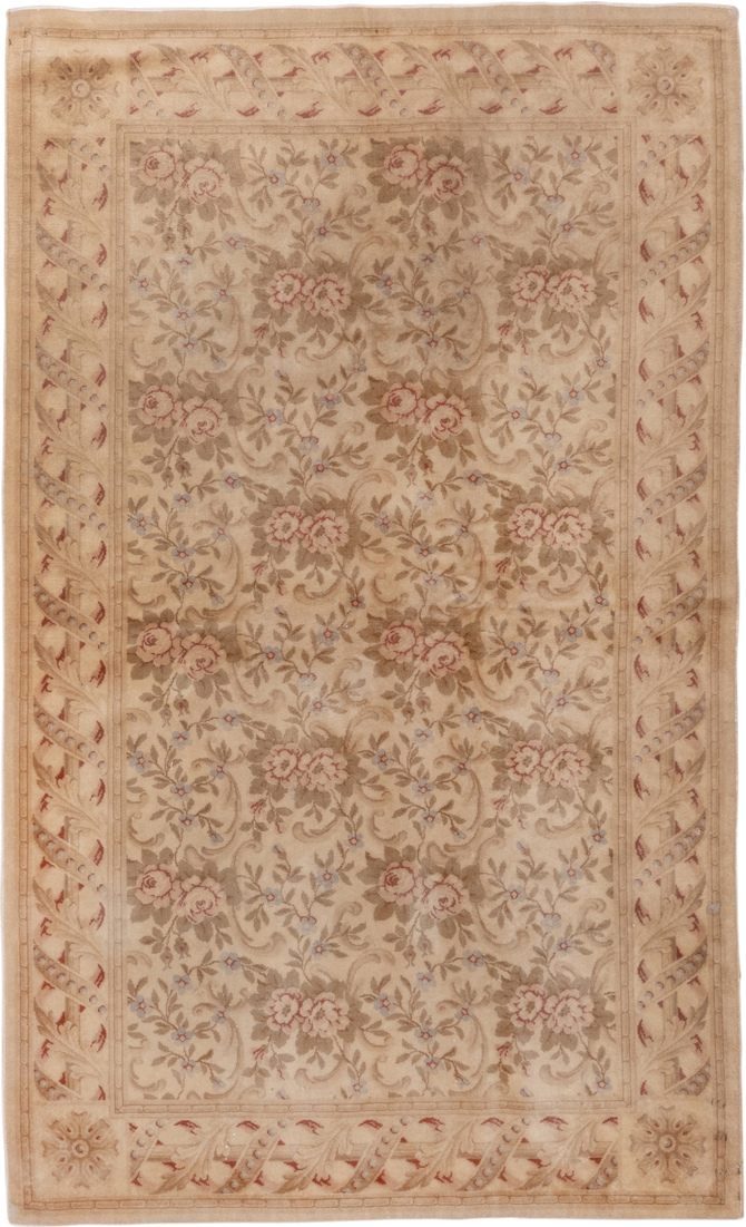 5' x 8' one-of-a-kind handmade antique Savonnerie medium size rug. Color palette: beige, ivory, taupe, rose, sage, camel