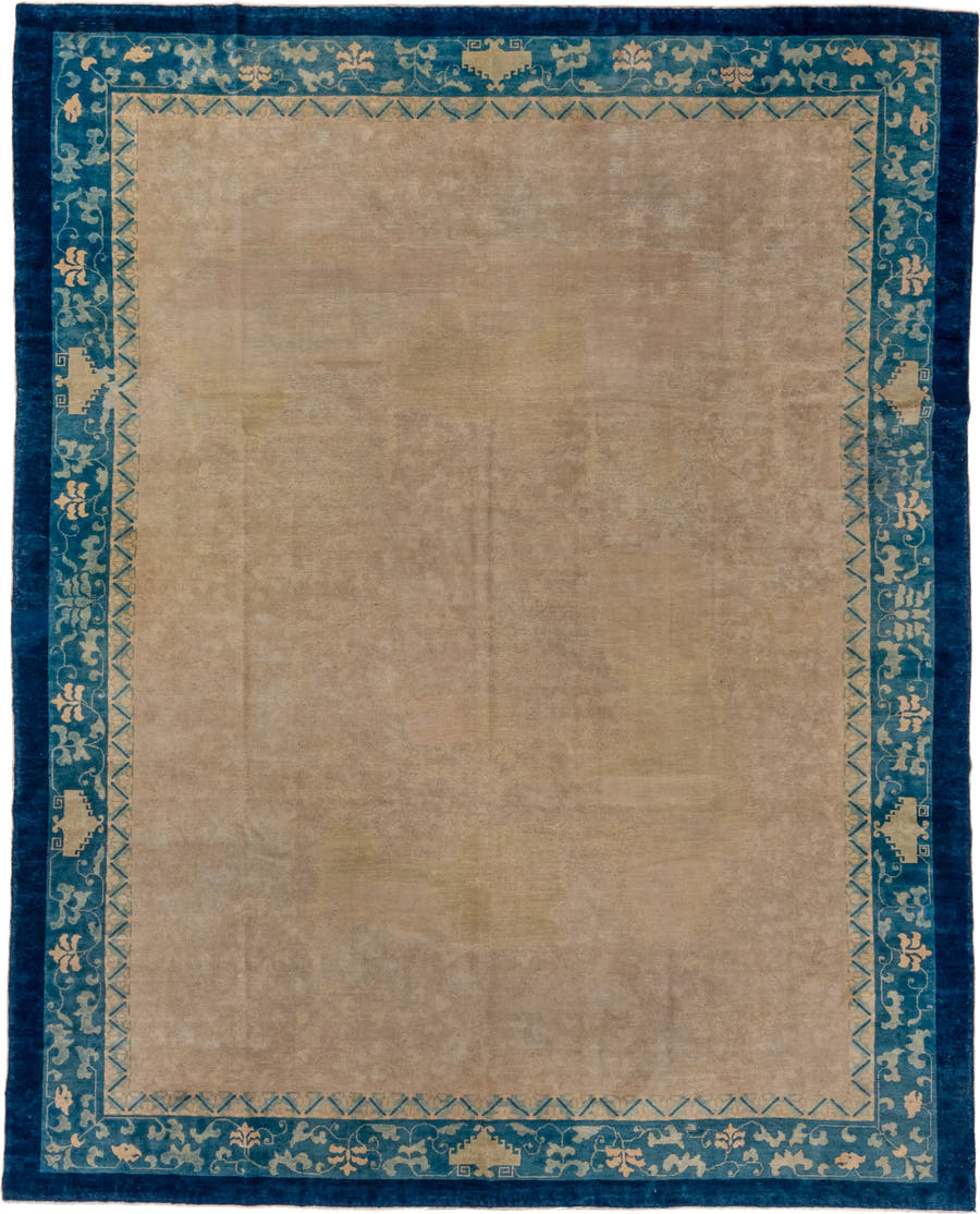 9' x 11' one-of-a-kind handmade antique Chinese large size rug. Color palette: camel, blue, ivory, beige, teal, taupe, gray