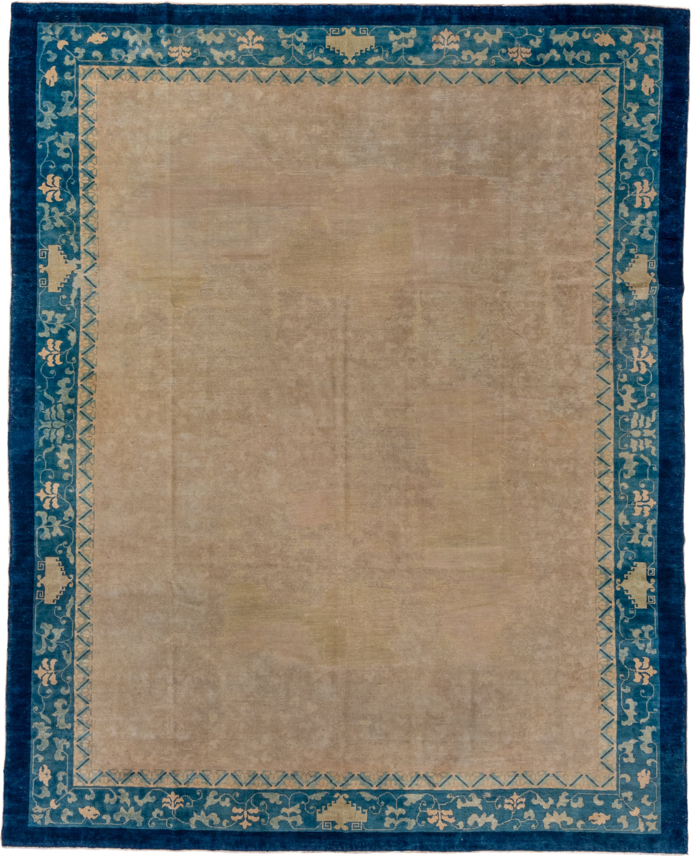 9' x 11' one-of-a-kind handmade antique Chinese large size rug. Color palette: camel, blue, ivory, beige, teal, taupe, gray