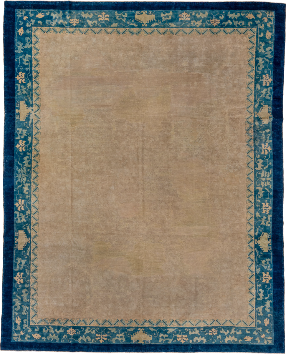 9' x 11' one-of-a-kind handmade antique Chinese large size rug. Color palette: camel, blue, ivory, beige, teal, taupe, gray