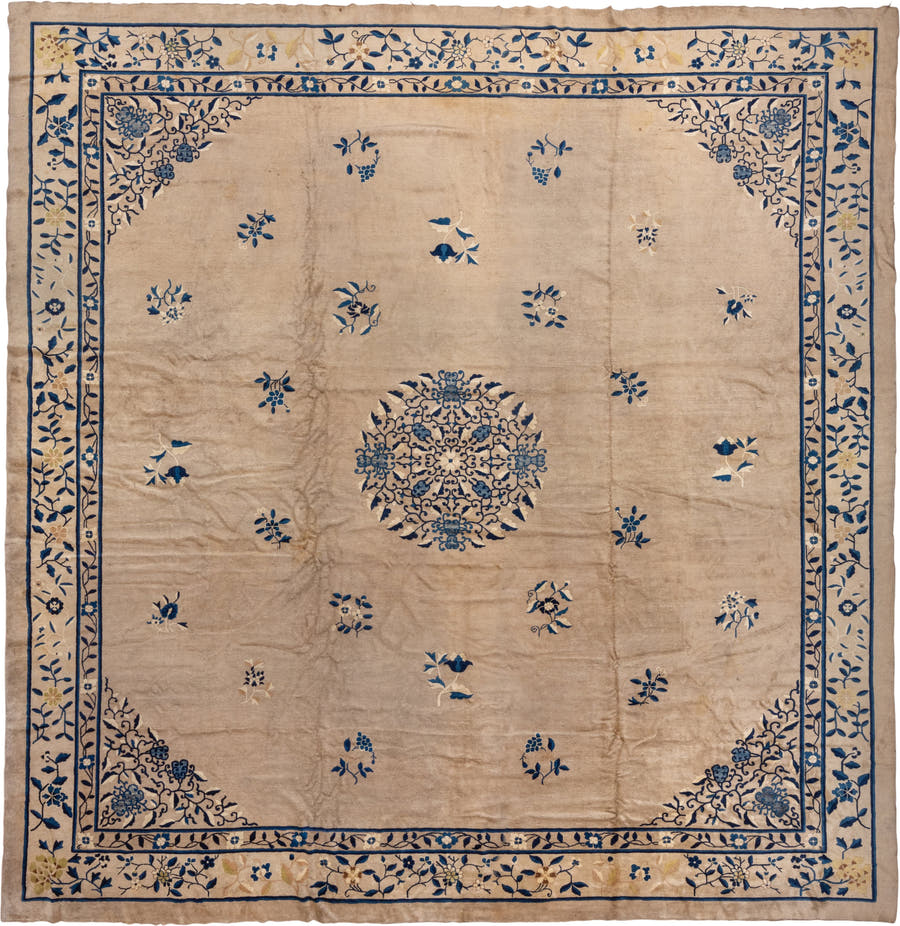 16' x 16' one-of-a-kind handmade vintage Chinese oversize rug. Color palette: ivory, navy, cream, beige, gold, slate, blue