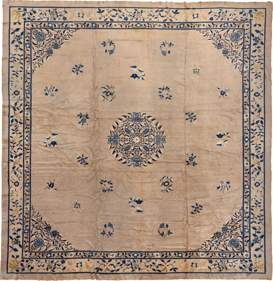 16' x 16' one-of-a-kind handmade vintage Chinese oversize rug. Color palette: ivory, navy, cream, beige, gold, slate, blue