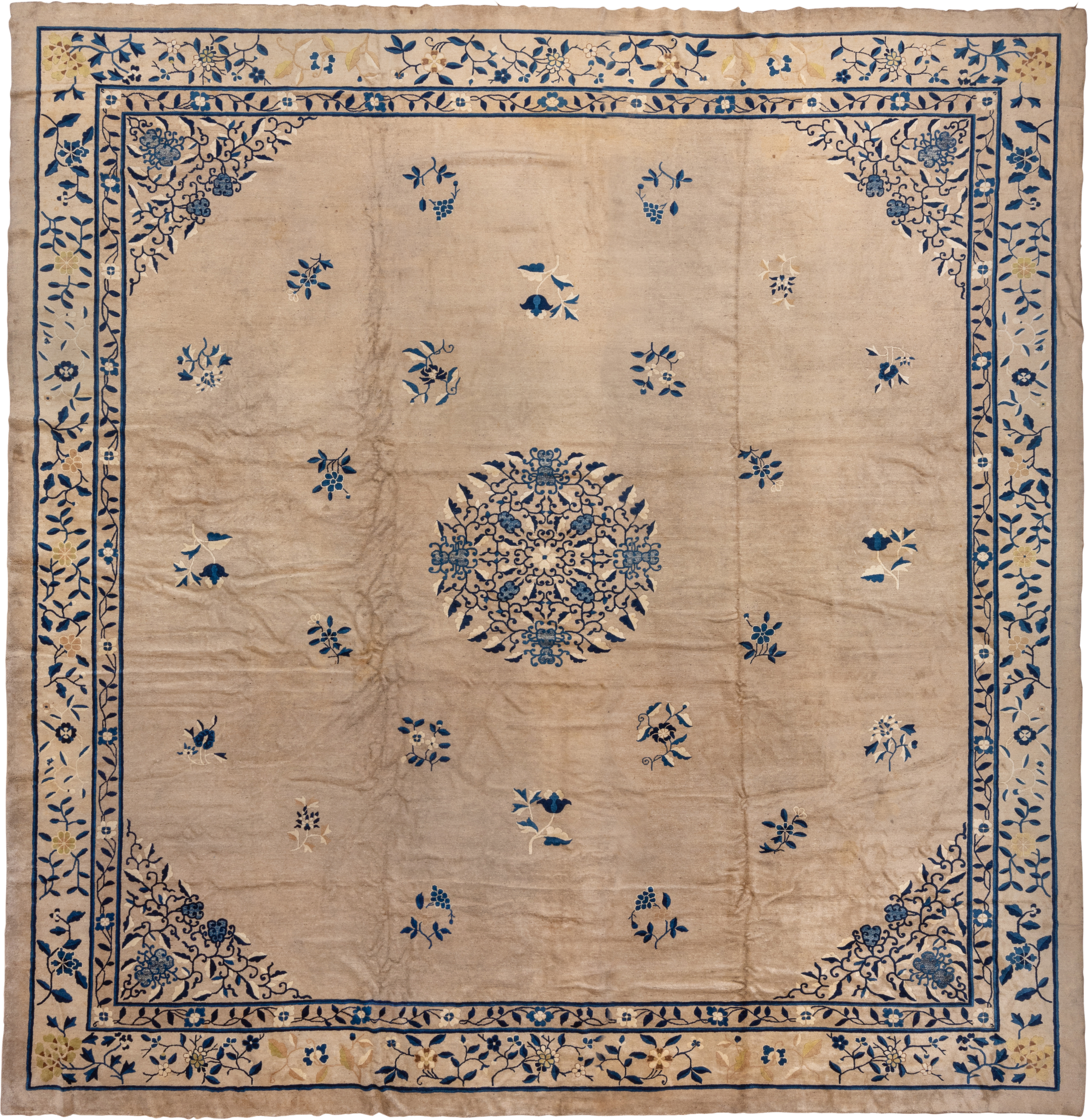 16' x 16' one-of-a-kind handmade vintage Chinese oversize rug. Color palette: ivory, navy, cream, beige, gold, slate, blue