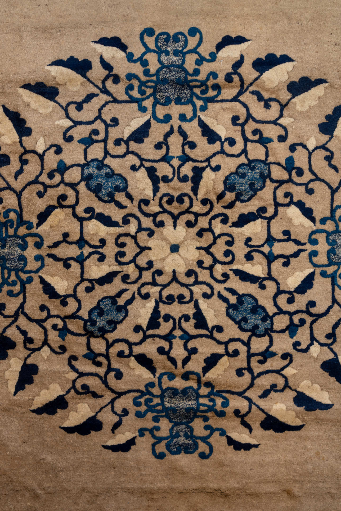 16' x 16' one-of-a-kind handmade vintage Chinese oversize rug. Color palette: ivory, navy, cream, beige, gold, slate, blue
