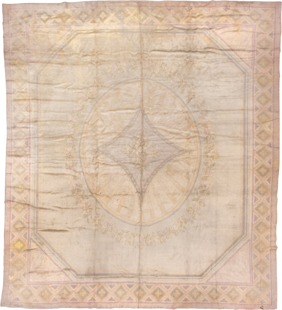 14' x 16' one-of-a-kind handmade vintage Savonnerie oversize rug. Color palette: ivory, blush, taupe, gold, sage, rose