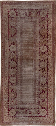 5' x 12' one-of-a-kind handmade antique Agra rug. Color palette: taupe, beige, burgundy, rose, brown, gray, pink, red