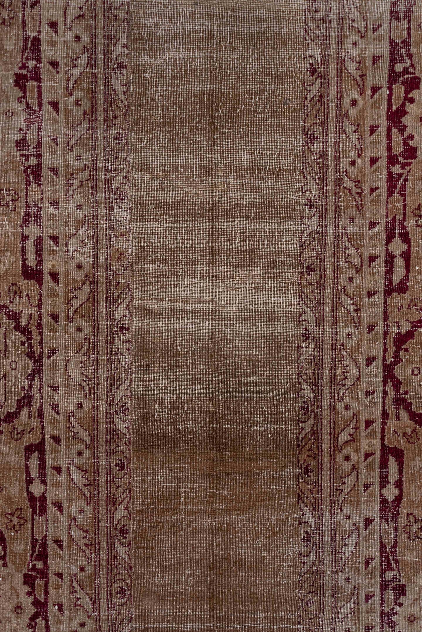 5' x 12' one-of-a-kind handmade antique Agra rug. Color palette: taupe, beige, burgundy, rose, brown, gray, pink, red