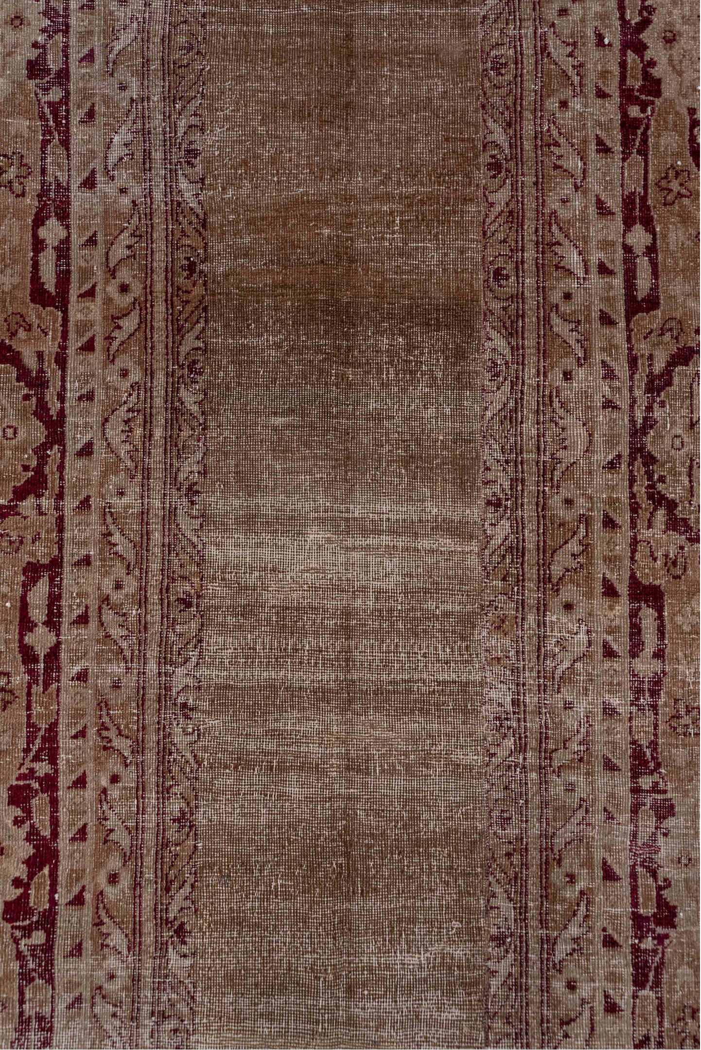 5' x 12' one-of-a-kind handmade vintage Agra rug. Color palette: brown, gray, pink, redwood