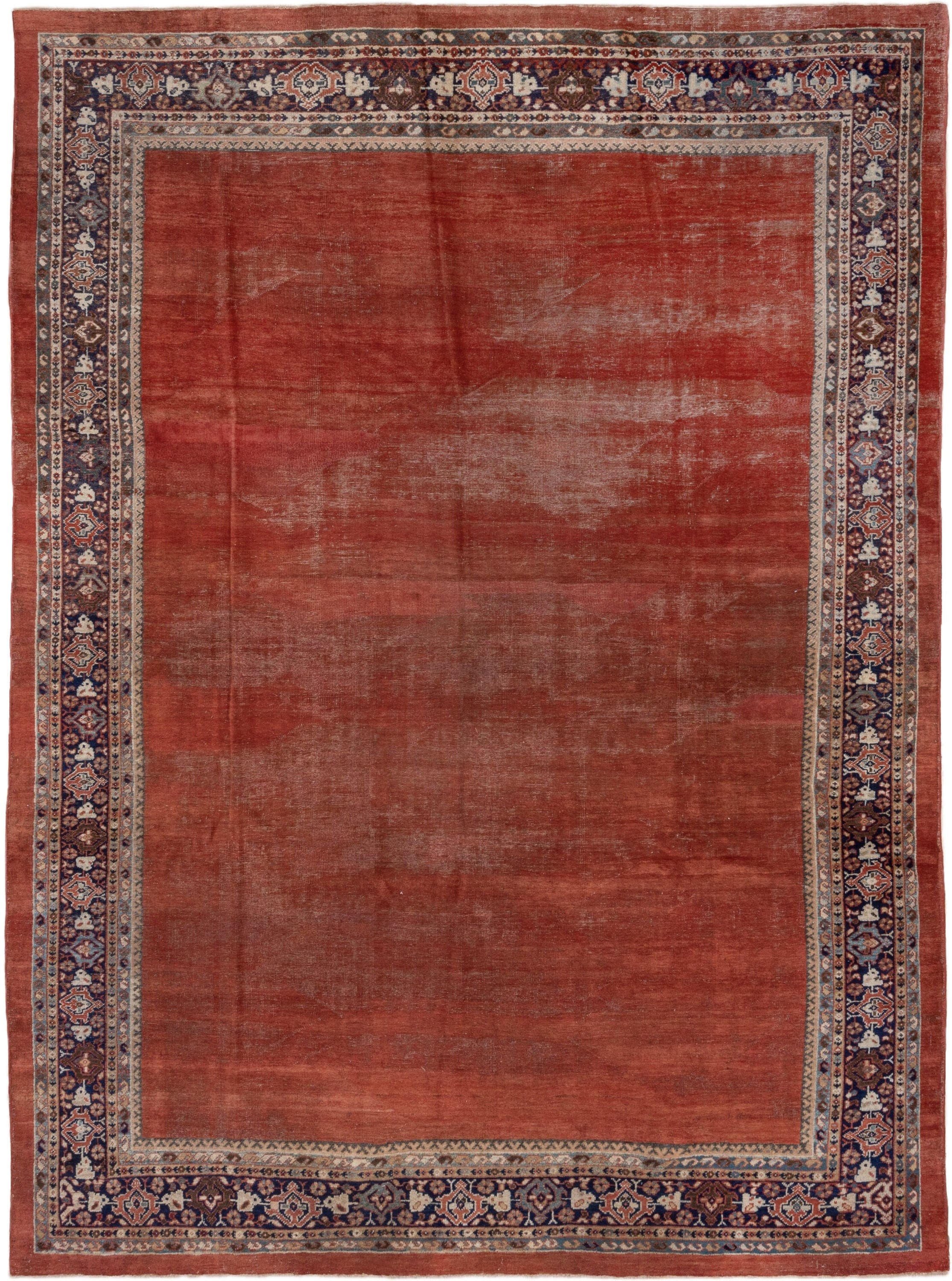 8' x 11' one-of-a-kind handmade antique Mahal large size rug. Color palette: terra cotta, rust, indigo, ivory, taupe, brown