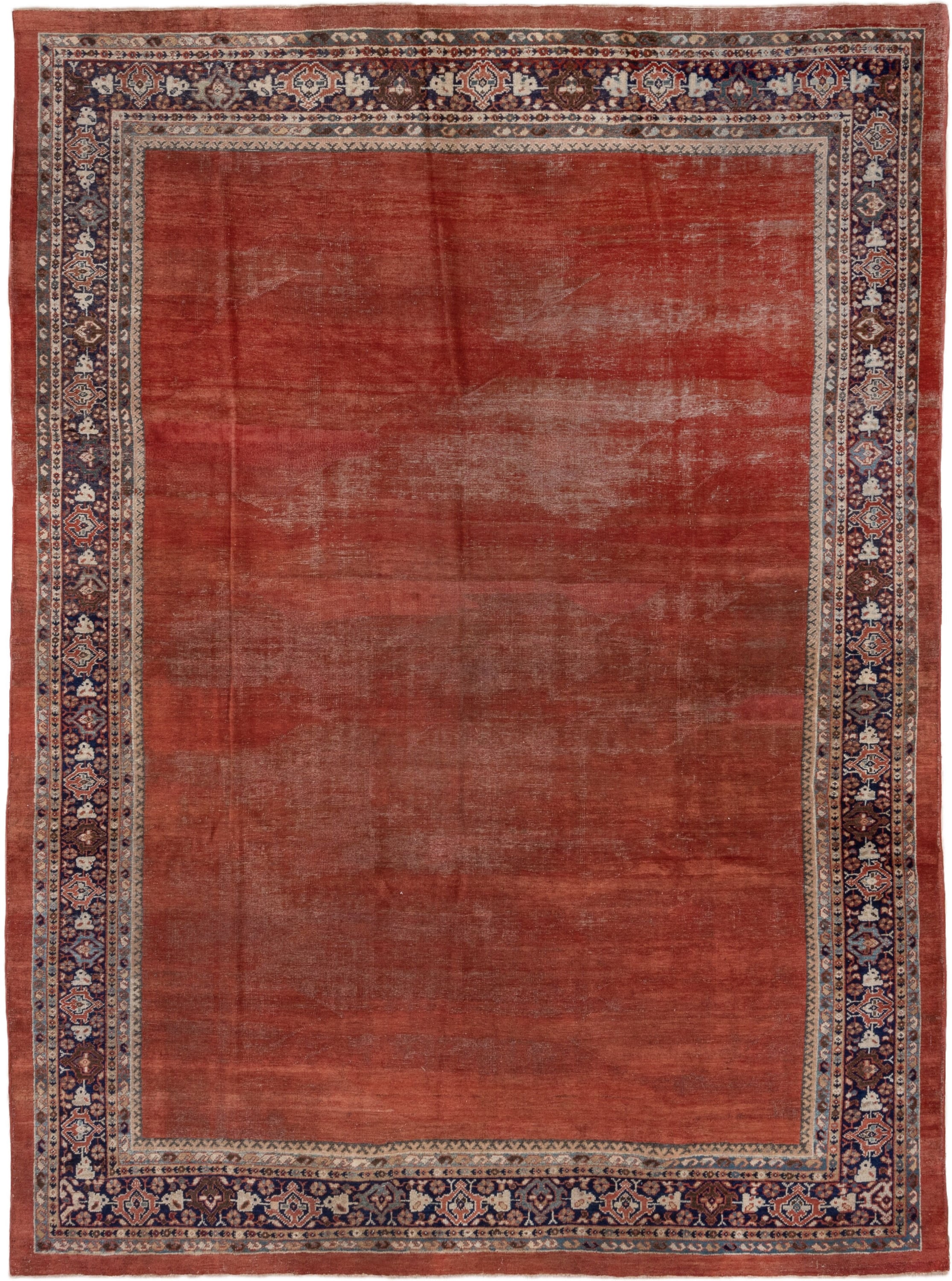 8' x 11' one-of-a-kind handmade antique Mahal large size rug. Color palette: terra cotta, rust, indigo, ivory, taupe, brown