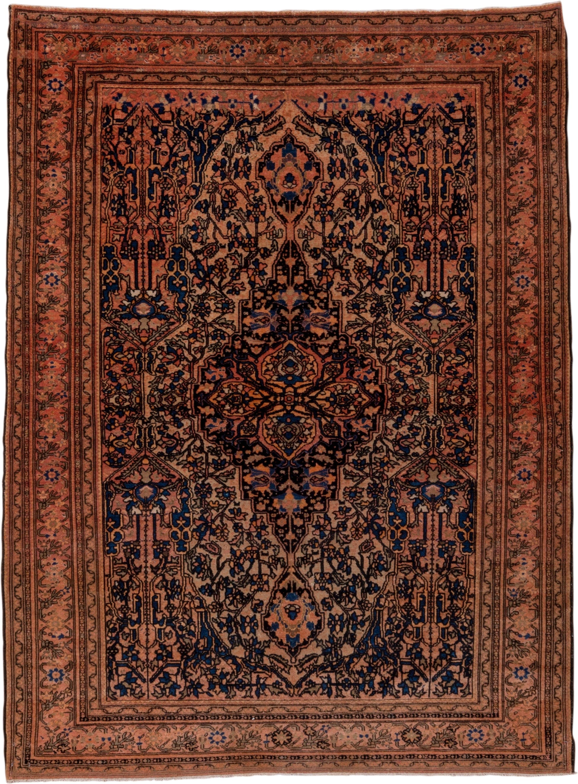 5' x 6' one-of-a-kind handmade vintage Malayer rug. Color palette: terra cotta, navy, ivory, rust, camel, slate, charcoal
