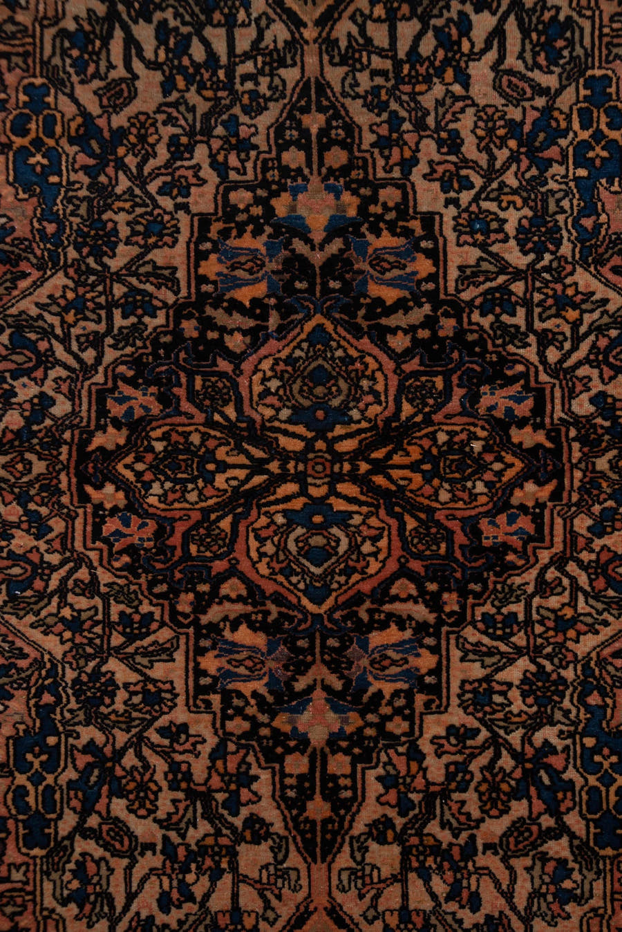 5' x 6' one-of-a-kind handmade vintage Malayer rug. Color palette: terra cotta, navy, ivory, rust, camel, slate, charcoal