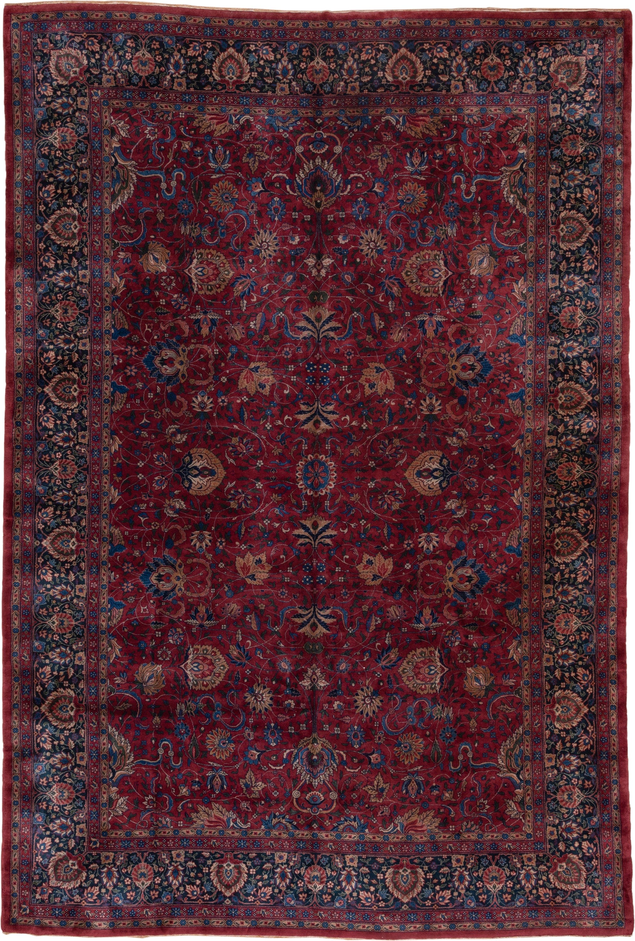10' x 14' one-of-a-kind handmade antique Lahor large size rug. Color palette: red, navy, ivory, blue, rust, camel, rose