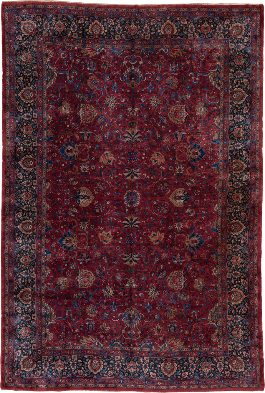 10' x 14' one-of-a-kind handmade antique Lahor large size rug. Color palette: red, navy, ivory, blue, rust, camel, rose