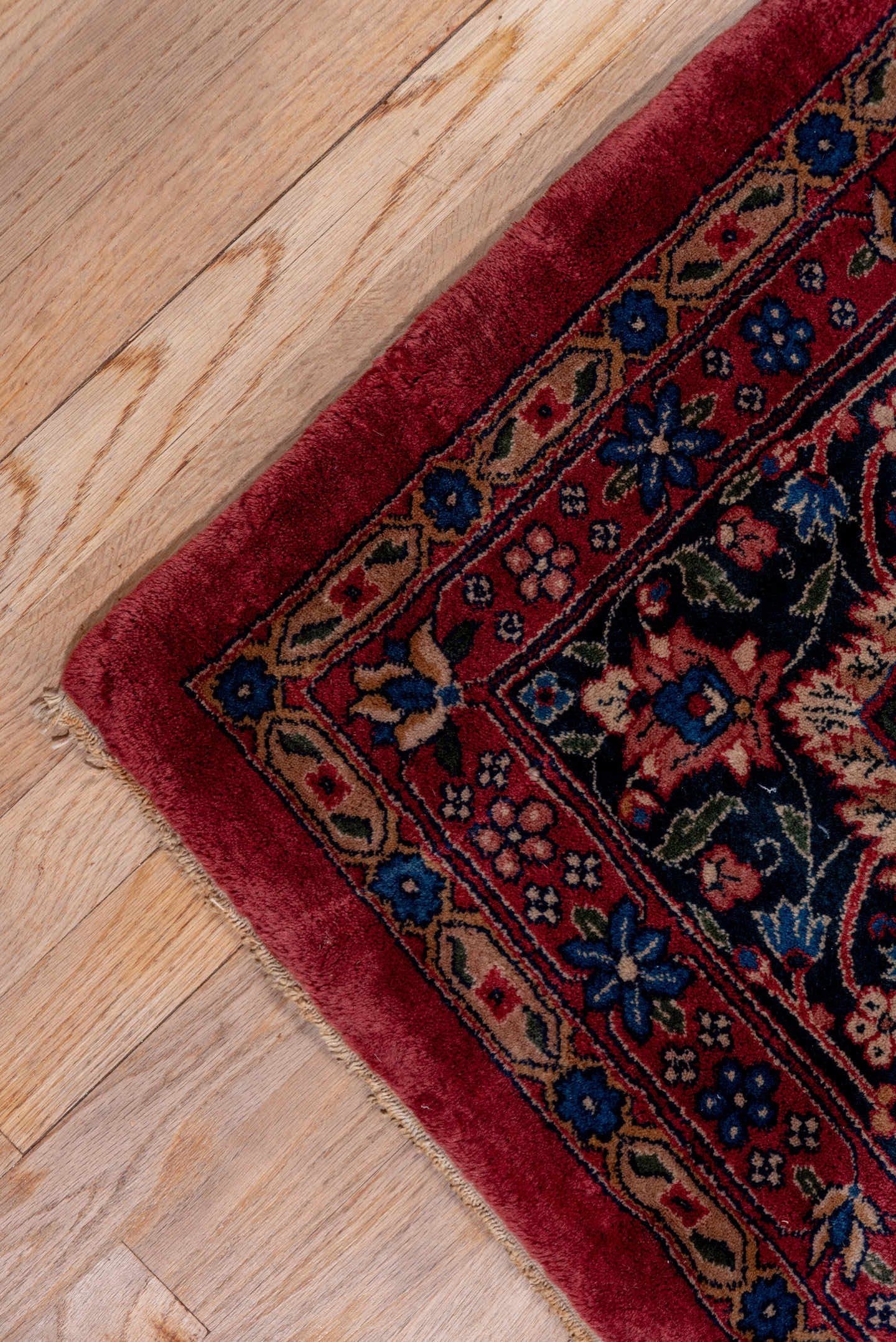 10' x 14' one-of-a-kind handmade antique Lahor large size rug. Color palette: red, navy, ivory, blue, rust, camel, rose