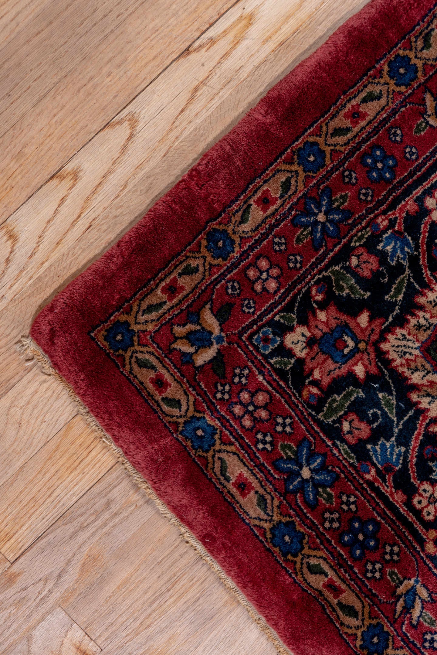 10' x 14' one-of-a-kind handmade antique Lahor large size rug. Color palette: red, navy, ivory, blue, rust, camel, rose