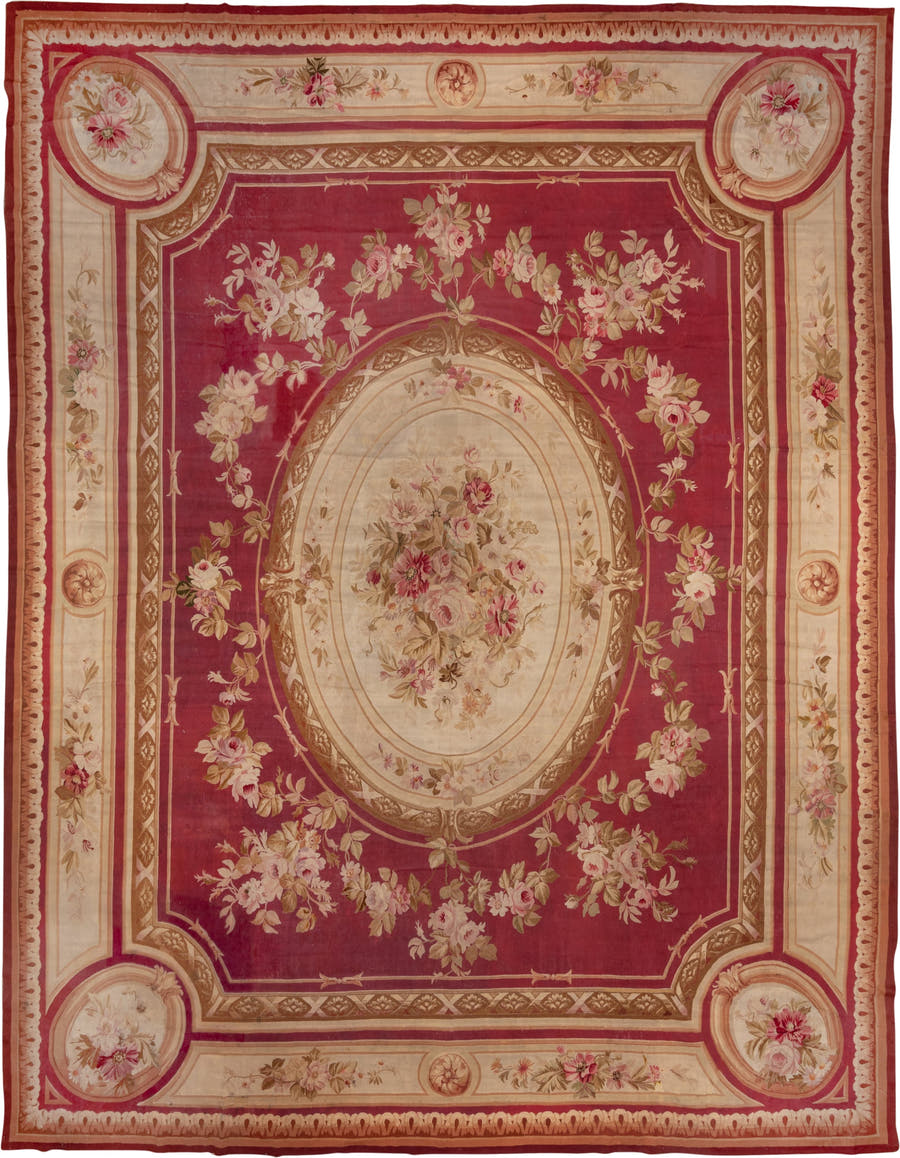 14' x 18' one-of-a-kind handmade vintage Aubusson oversize rug. Color palette: rose, ivory, taupe, sage, gold, blush