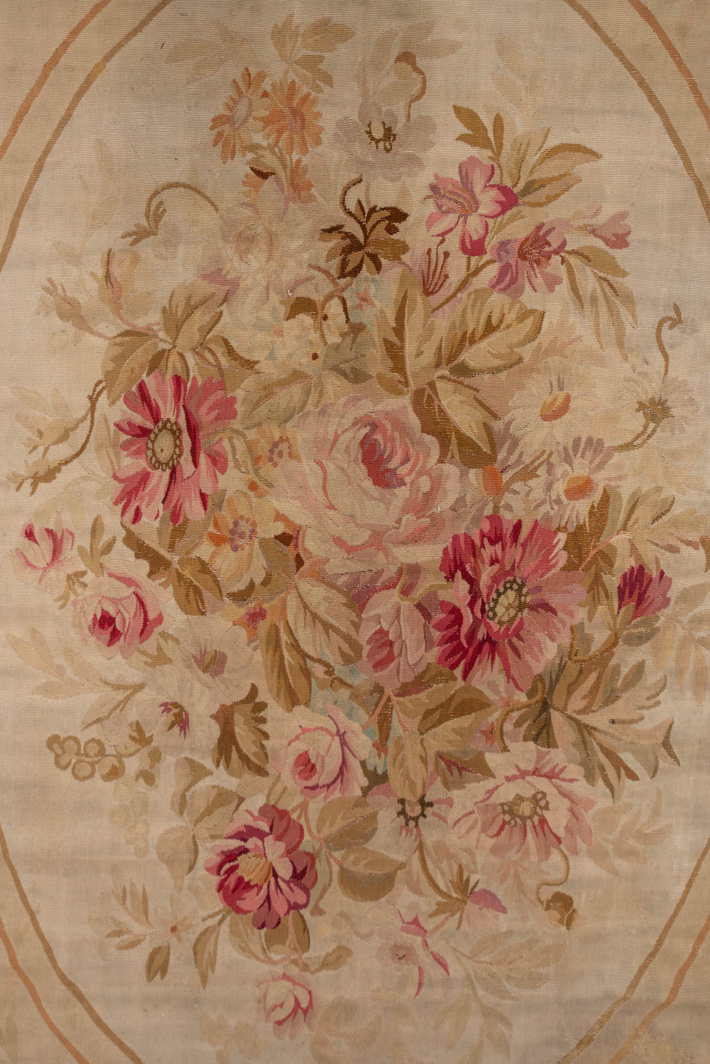 14' x 18' one-of-a-kind handmade vintage Aubusson oversize rug. Color palette: rose, ivory, taupe, sage, gold, blush