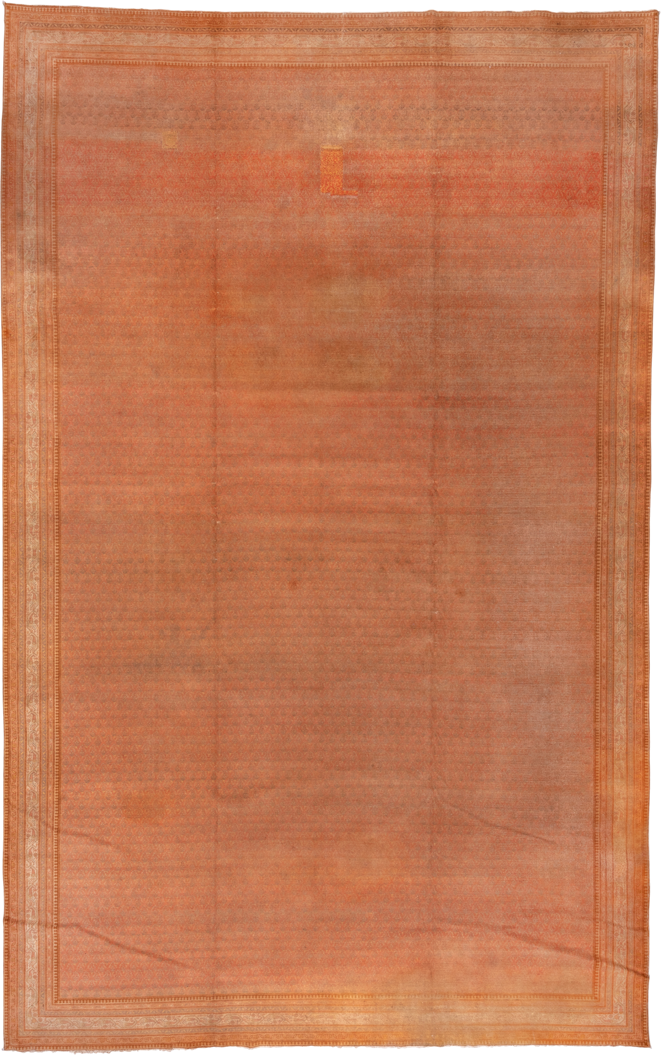 11' x 17' one-of-a-kind handmade vintage Saraband oversize rug. Color palette: terra cotta, salmon, rust, apricot, camel