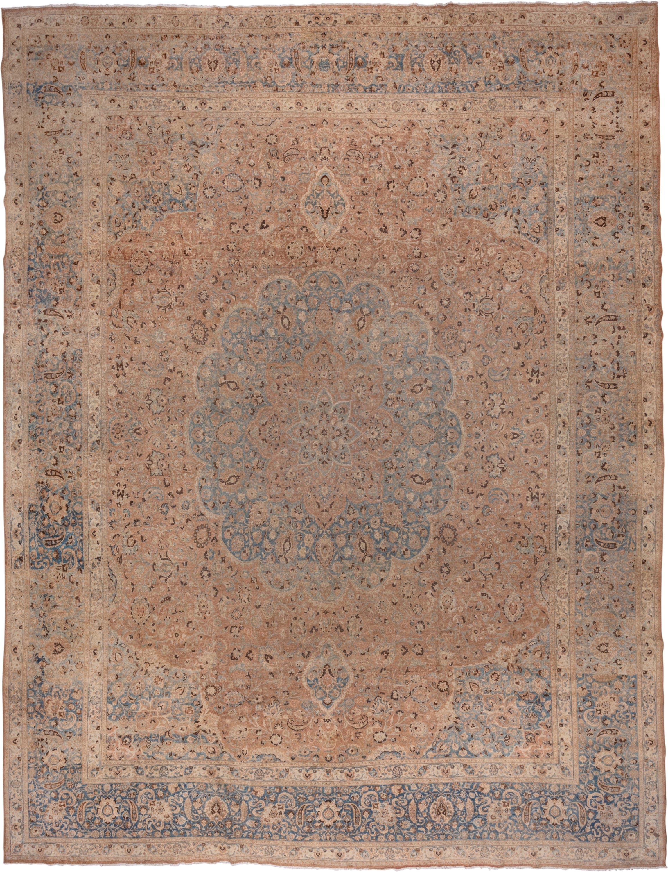 13' x 17' one-of-a-kind handmade antique Meshed oversize rug. Color palette: rose, beige, powder_blue, ivory, taupe, camel
