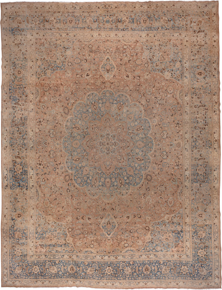 13' x 17' one-of-a-kind handmade antique Meshed oversize rug. Color palette: rose, beige, powder_blue, ivory, taupe, camel
