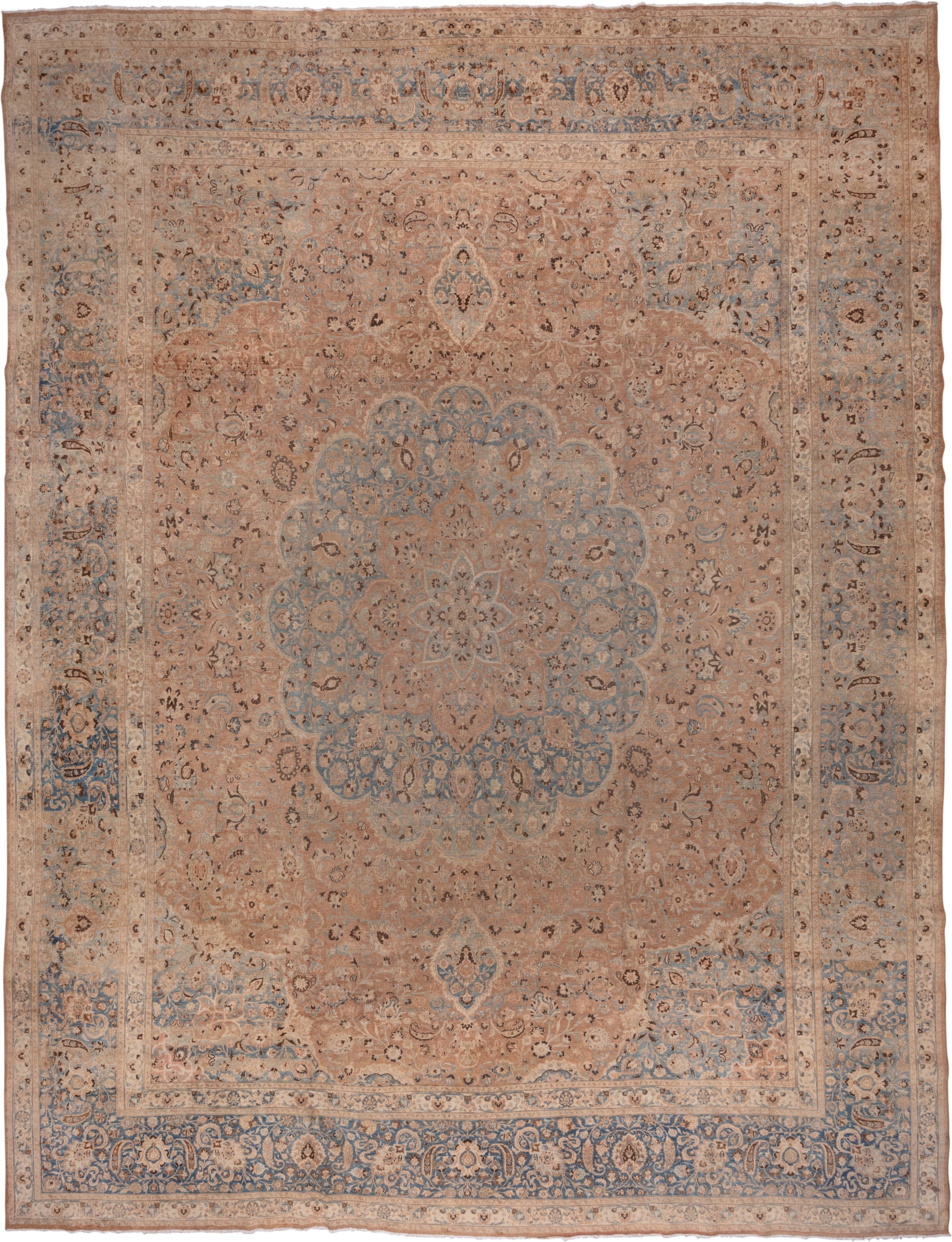 13' x 17' one-of-a-kind handmade antique Meshed oversize rug. Color palette: rose, beige, powder_blue, ivory, taupe, camel