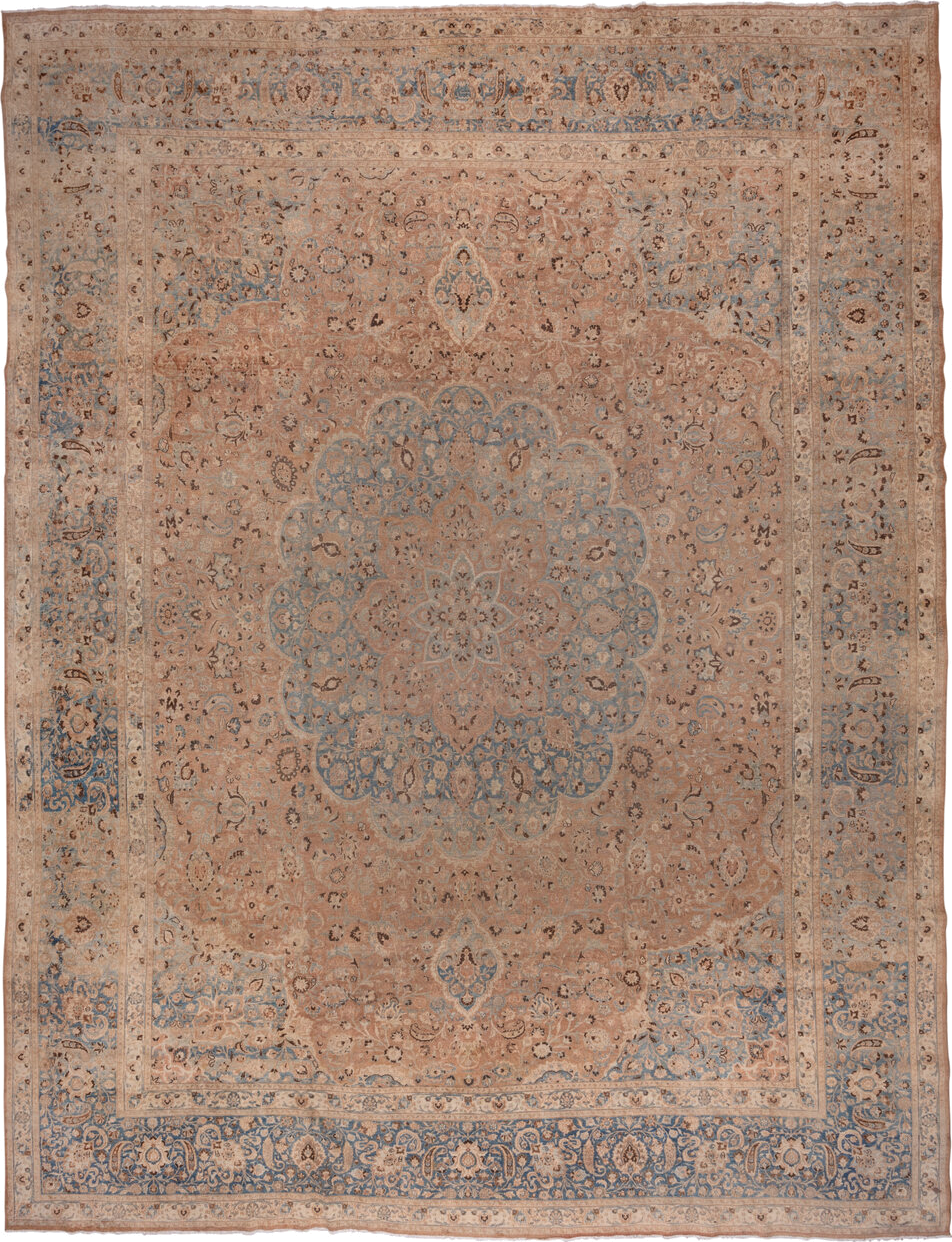 13' x 17' one-of-a-kind handmade antique Meshed oversize rug. Color palette: rose, beige, powder_blue, ivory, taupe, camel
