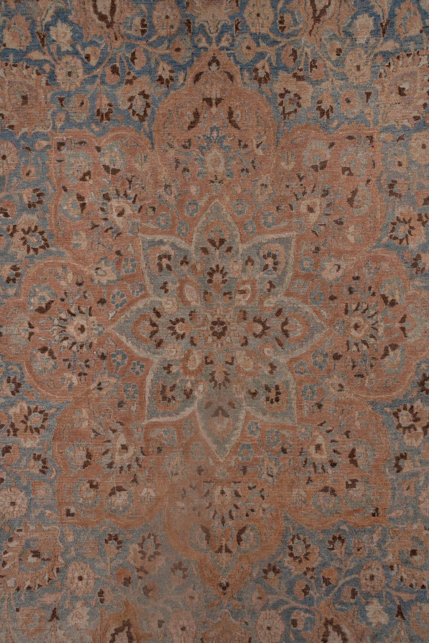 13' x 17' one-of-a-kind handmade antique Meshed oversize rug. Color palette: rose, beige, powder_blue, ivory, taupe, camel
