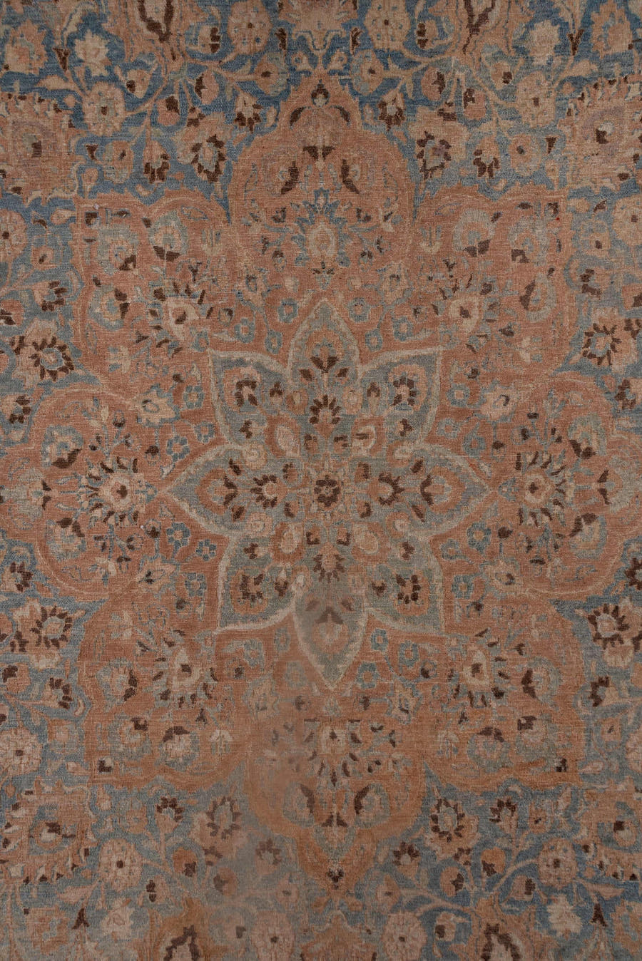 13' x 17' one-of-a-kind handmade antique Meshed oversize rug. Color palette: rose, beige, powder_blue, ivory, taupe, camel