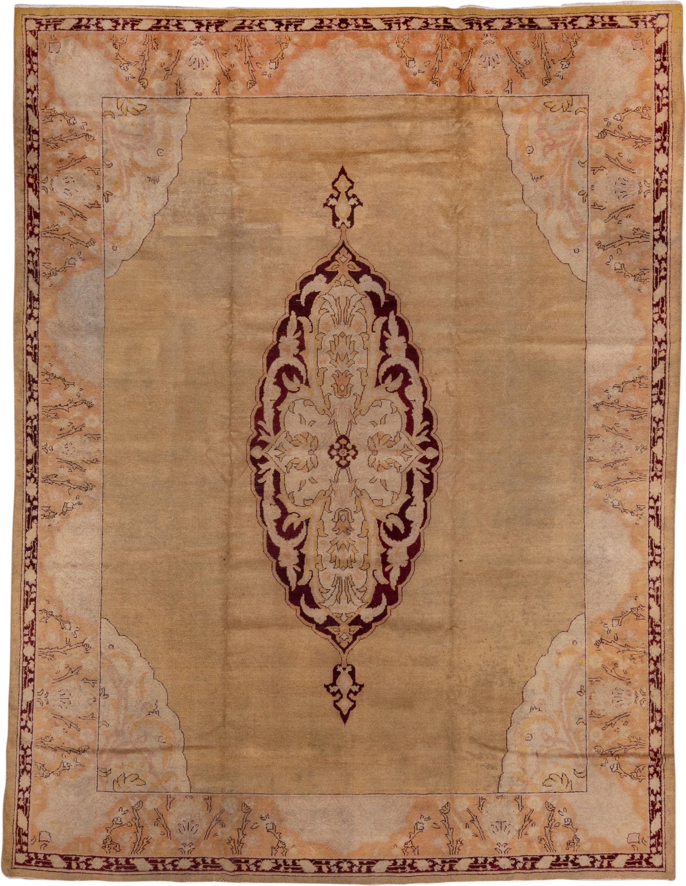 9' x 11' one-of-a-kind handmade vintage Agra large size rug. Color palette: camel, ivory, blush, burgundy, taupe, peach