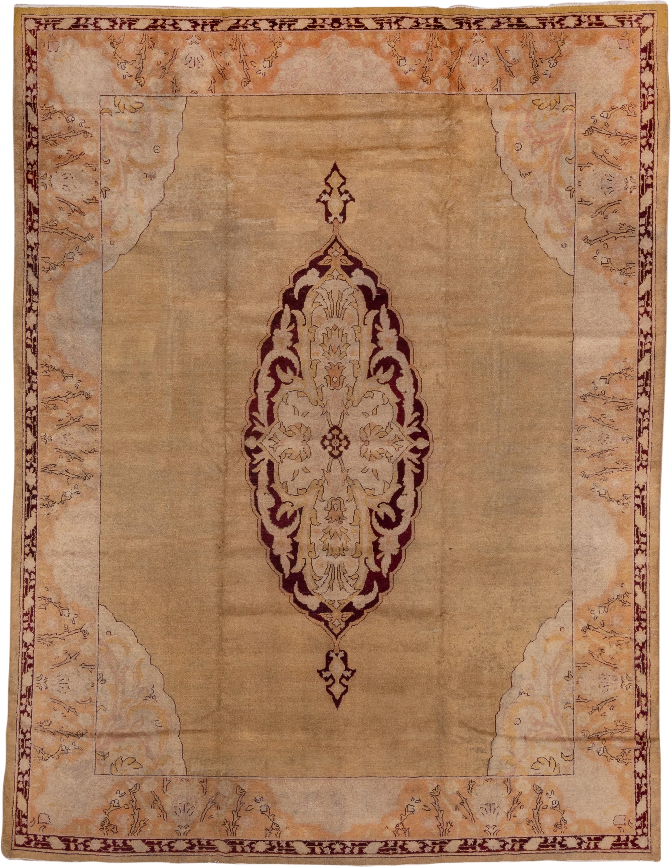 9' x 11' one-of-a-kind handmade vintage Agra large size rug. Color palette: camel, ivory, blush, burgundy, taupe, peach
