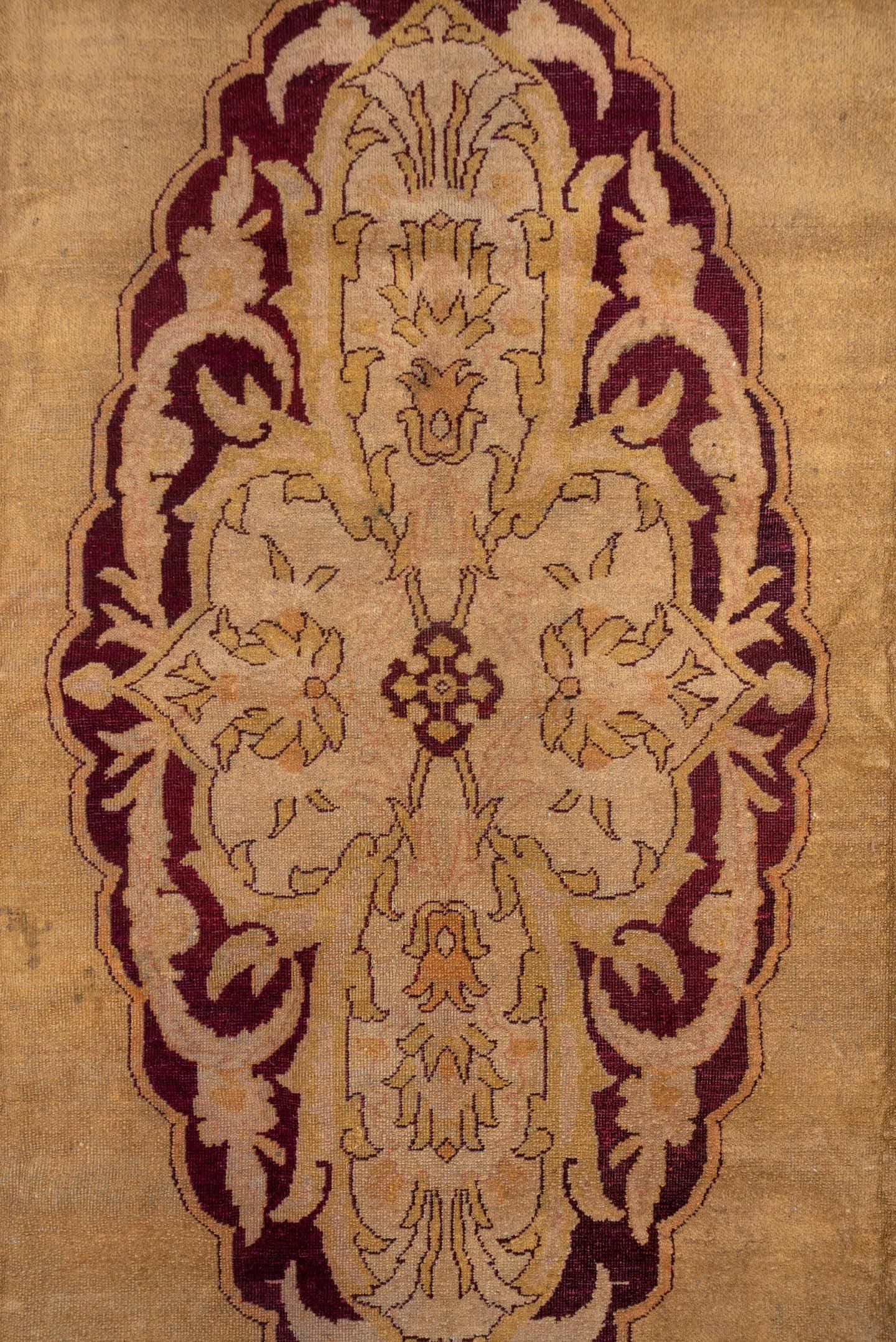 9' x 11' one-of-a-kind handmade vintage Agra large size rug. Color palette: camel, ivory, blush, burgundy, taupe, peach