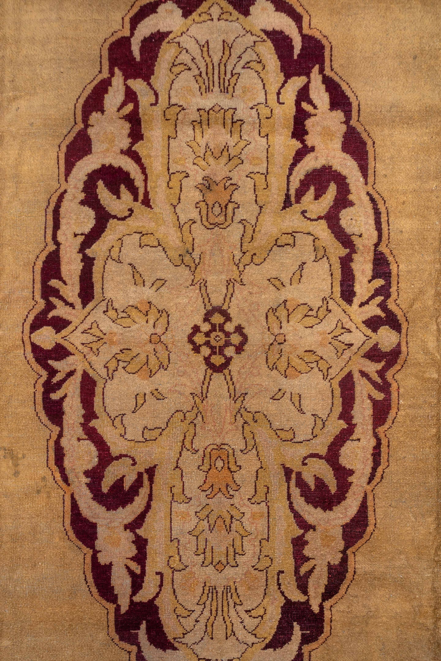 9' x 11' one-of-a-kind handmade vintage Agra large size rug. Color palette: camel, ivory, blush, burgundy, taupe, peach