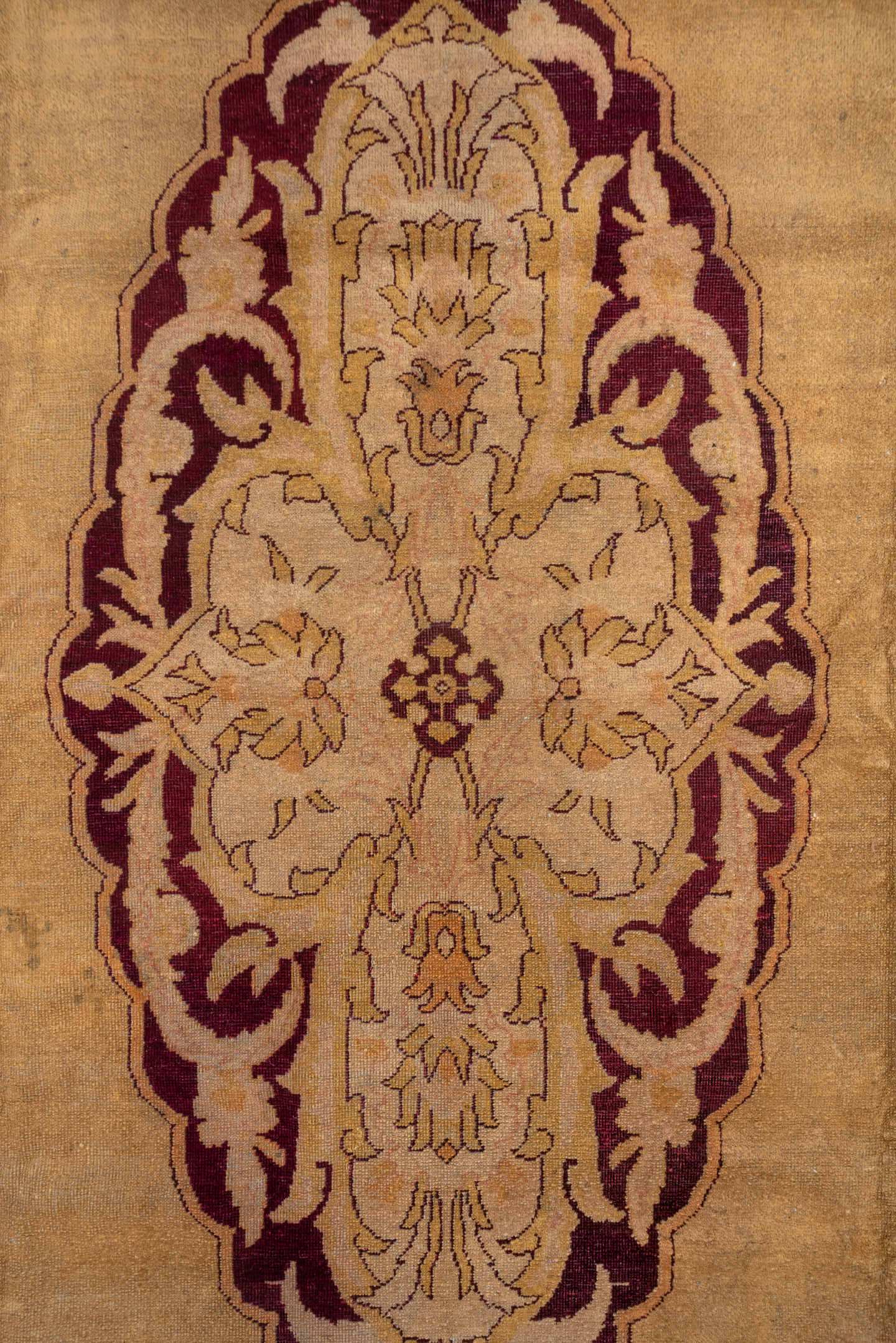 9' x 11' one-of-a-kind handmade vintage Agra large size rug. Color palette: camel, ivory, blush, burgundy, taupe, peach