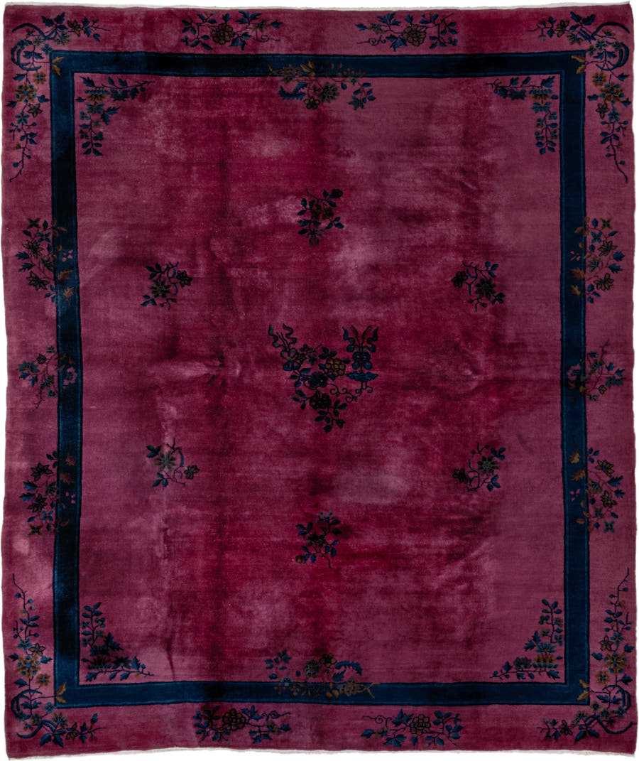8' x 9' one-of-a-kind handmade antique Chinese rug. Color palette: rose, indigo, magenta, plum, lavender, gold, navy, pink