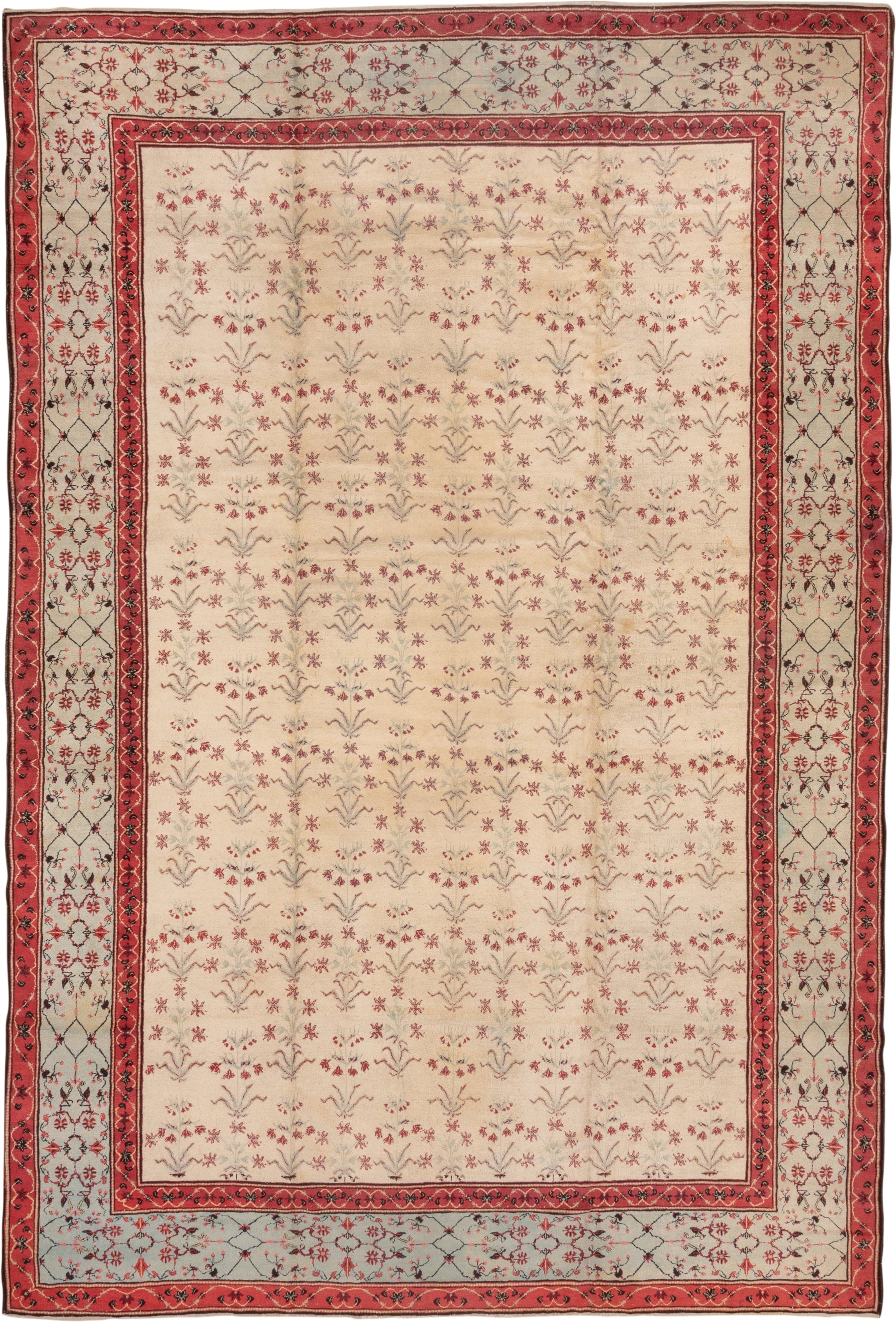 10' x 15' one-of-a-kind handmade vintage Agra rug. Color palette: ivory, coral, rose, sage, taupe, charcoal, terracotta