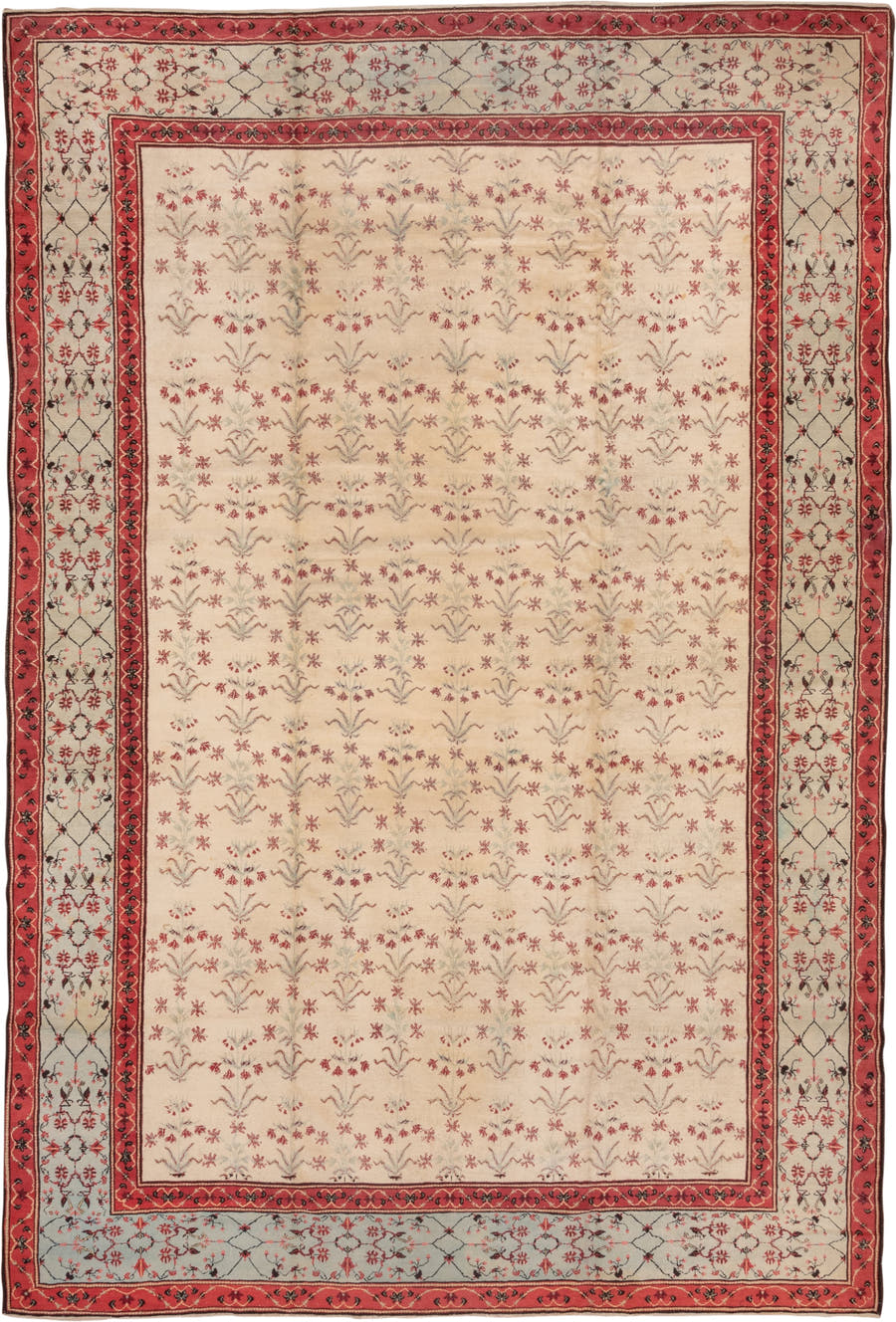 10' x 15' one-of-a-kind handmade vintage Agra rug. Color palette: ivory, coral, rose, sage, taupe, charcoal, terracotta