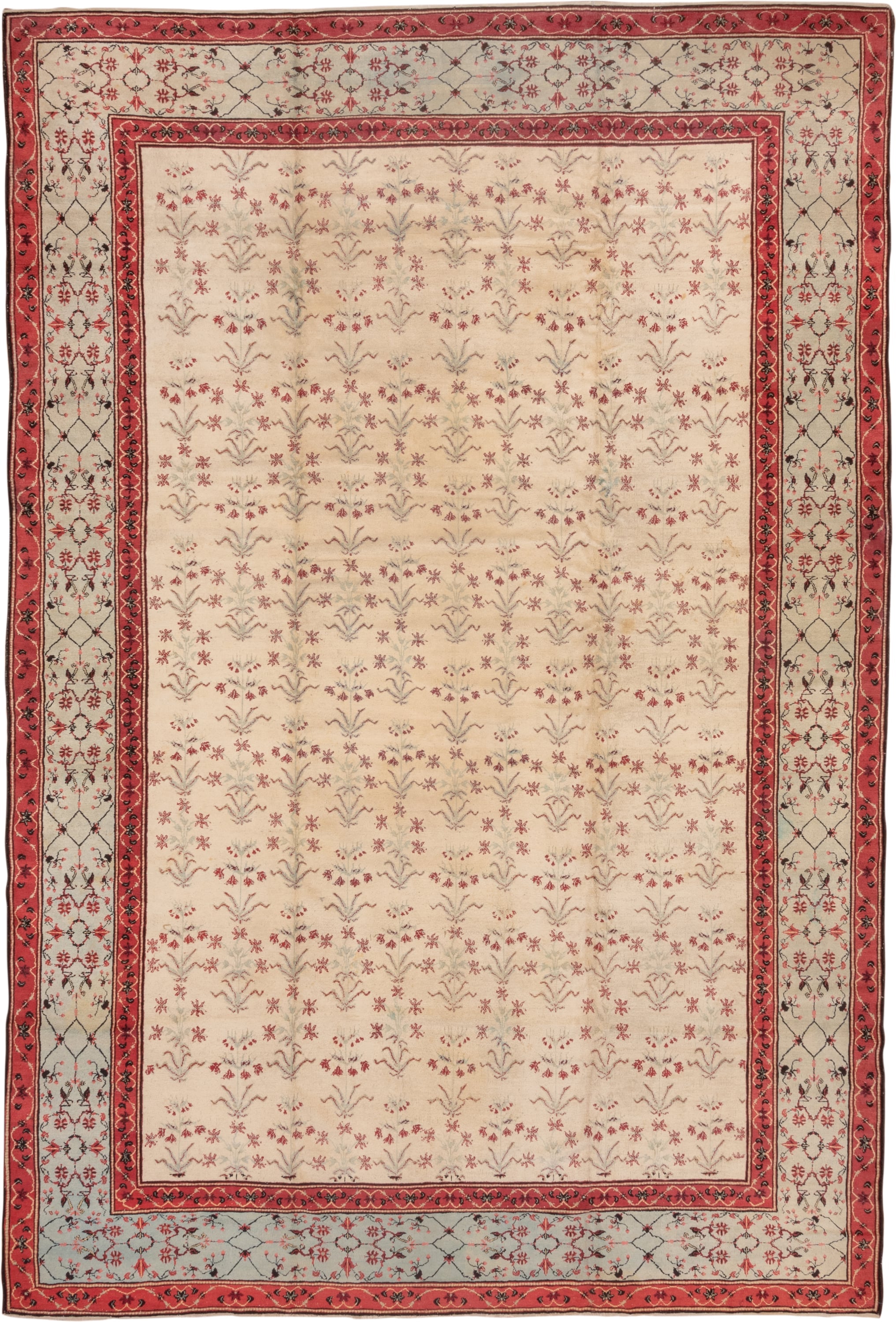 10' x 15' one-of-a-kind handmade vintage Agra rug. Color palette: ivory, coral, rose, sage, taupe, charcoal, terracotta