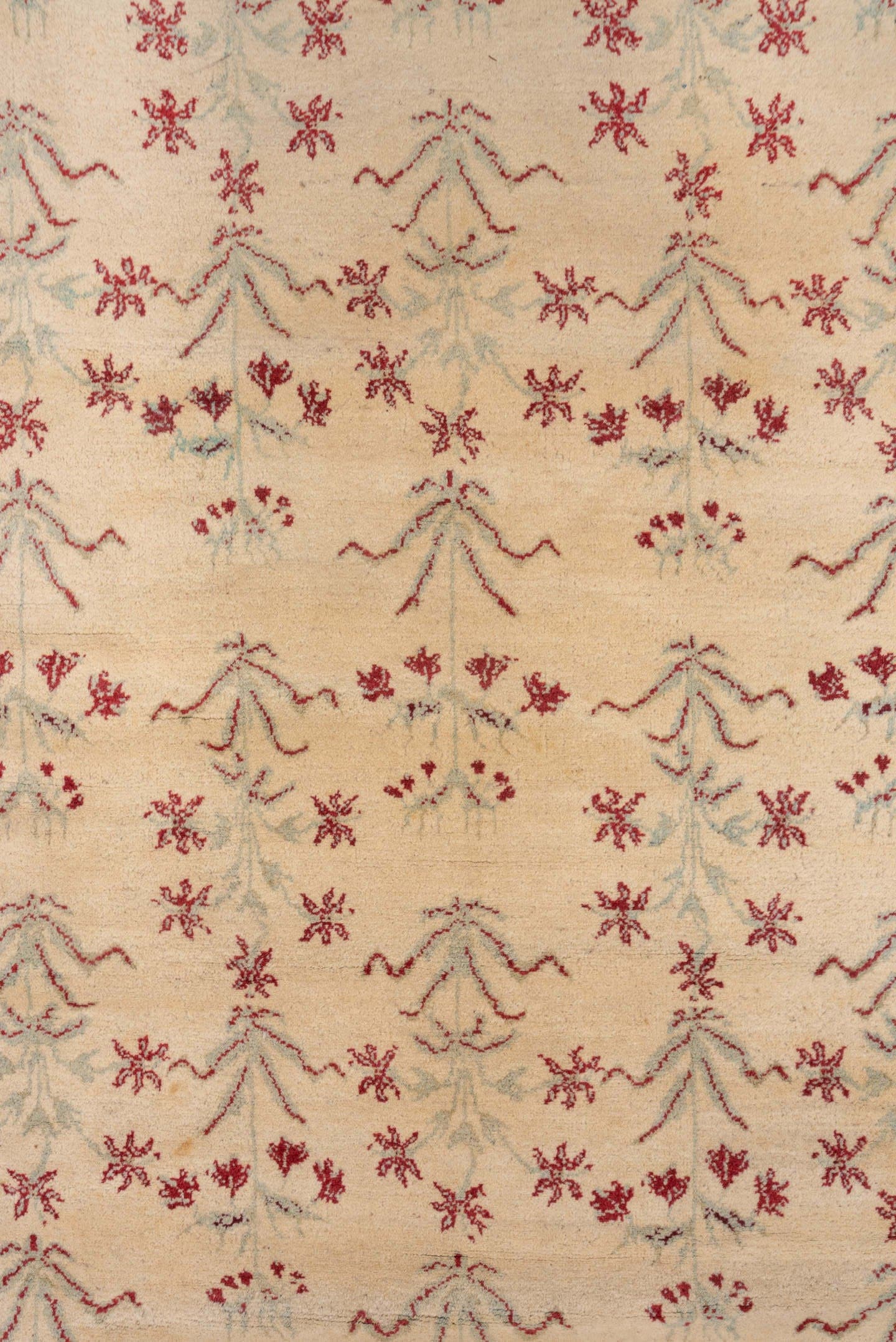 10' x 15' one-of-a-kind handmade vintage Agra rug. Color palette: ivory, coral, rose, sage, taupe, charcoal, terracotta