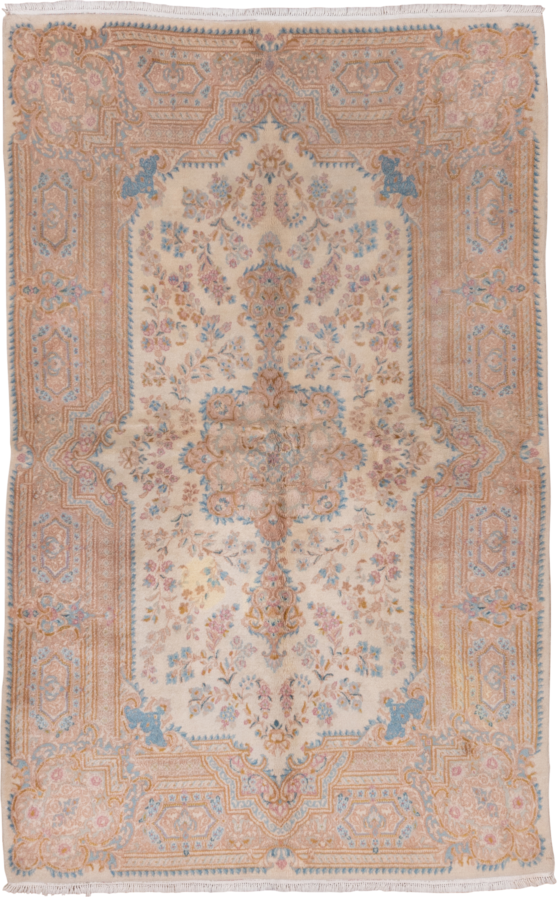 5' x 9' one-of-a-kind handmade vintage Kerman medium size rug. Color palette: ivory, beige, sky blue, blush, gold, taupe