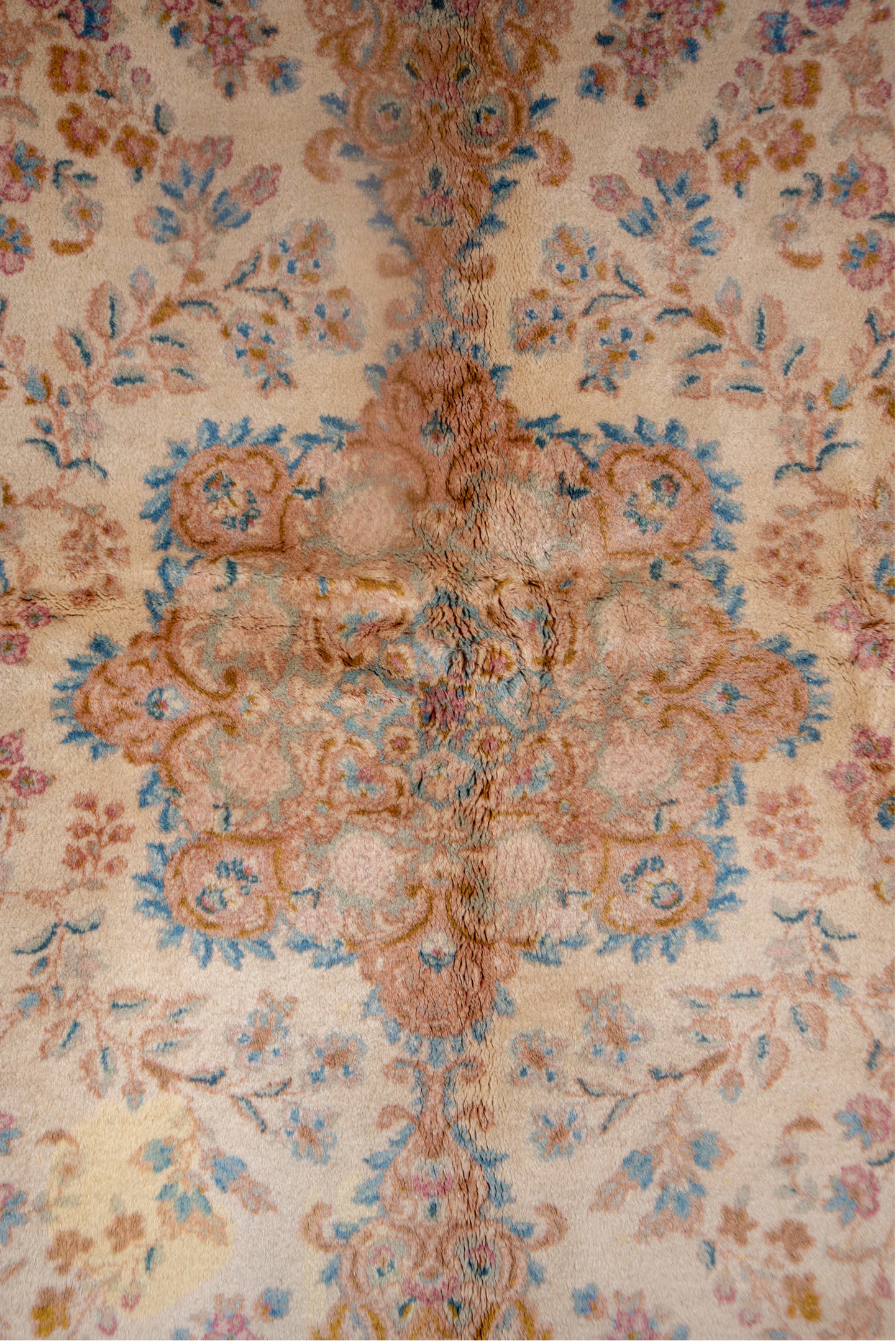 5' x 9' one-of-a-kind handmade vintage Kerman medium size rug. Color palette: ivory, beige, sky blue, blush, gold, taupe