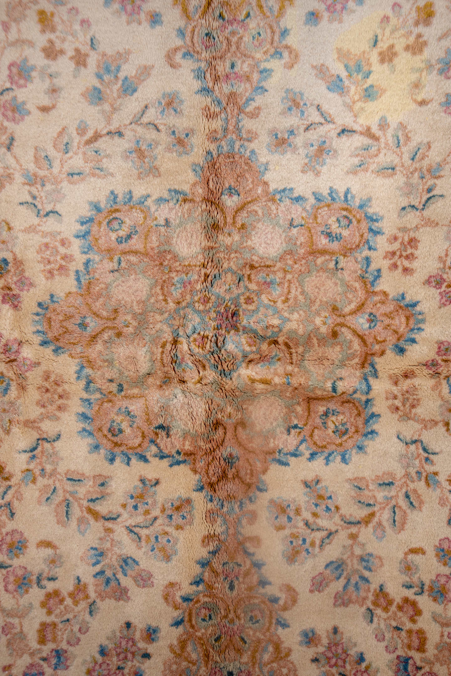 5' x 9' one-of-a-kind handmade vintage Kerman medium size rug. Color palette: ivory, beige, sky blue, blush, gold, taupe