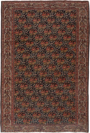 4' x 6' one-of-a-kind handmade vintage Far.Sarouk small size rug. Color palette: navy, ivory, rust, camel, rose, brown, blue
