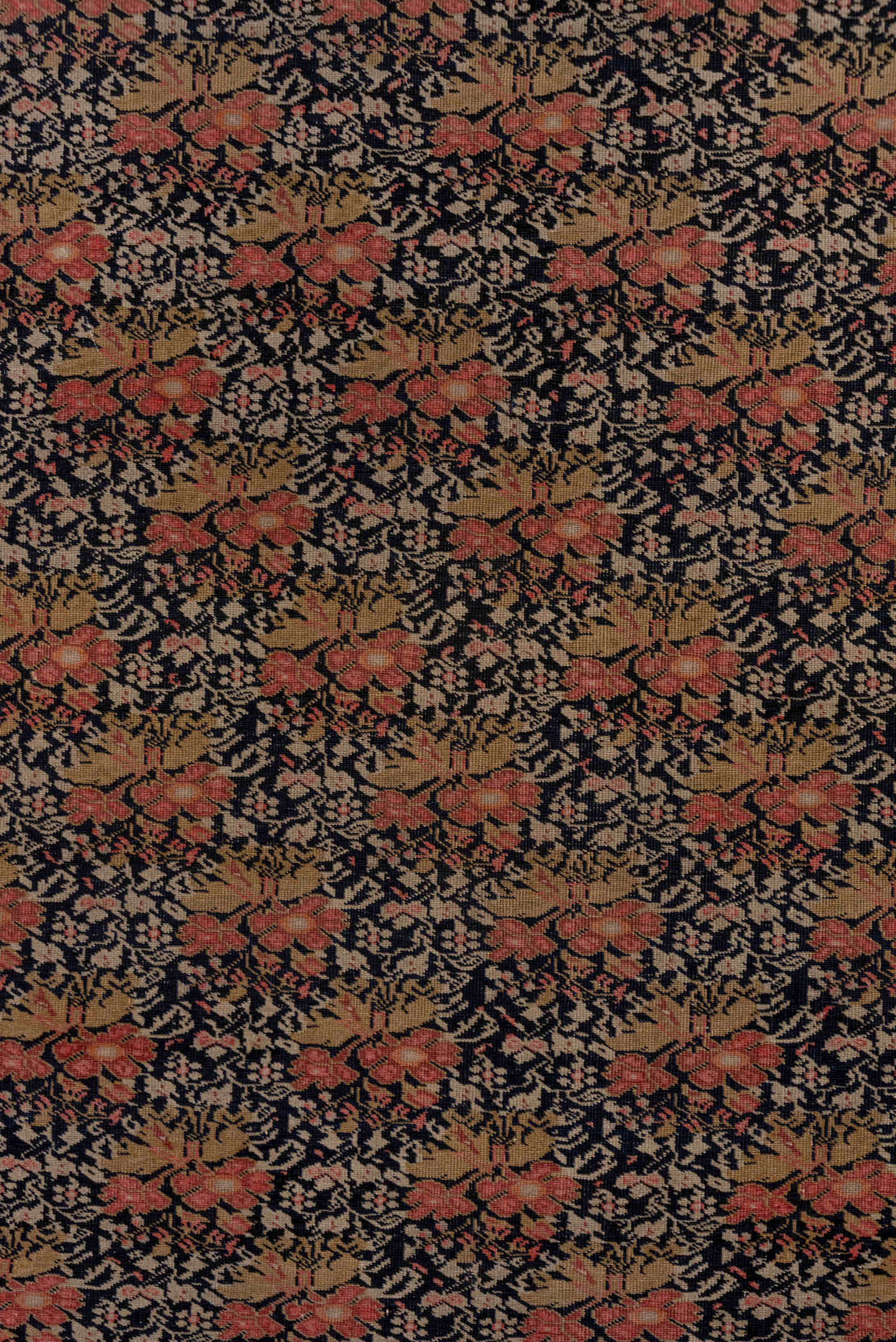 4' x 6' one-of-a-kind handmade vintage Far.Sarouk small size rug. Color palette: navy, ivory, rust, camel, rose, brown, blue