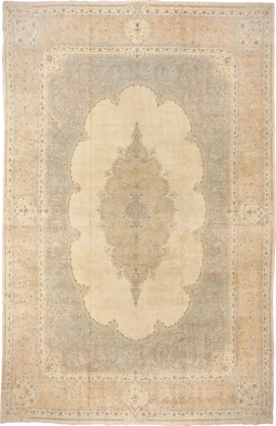 12' x 19' one-of-a-kind handmade vintage Kerman oversize rug. Color palette: ivory, beige, sky blue, taupe, blush, cream