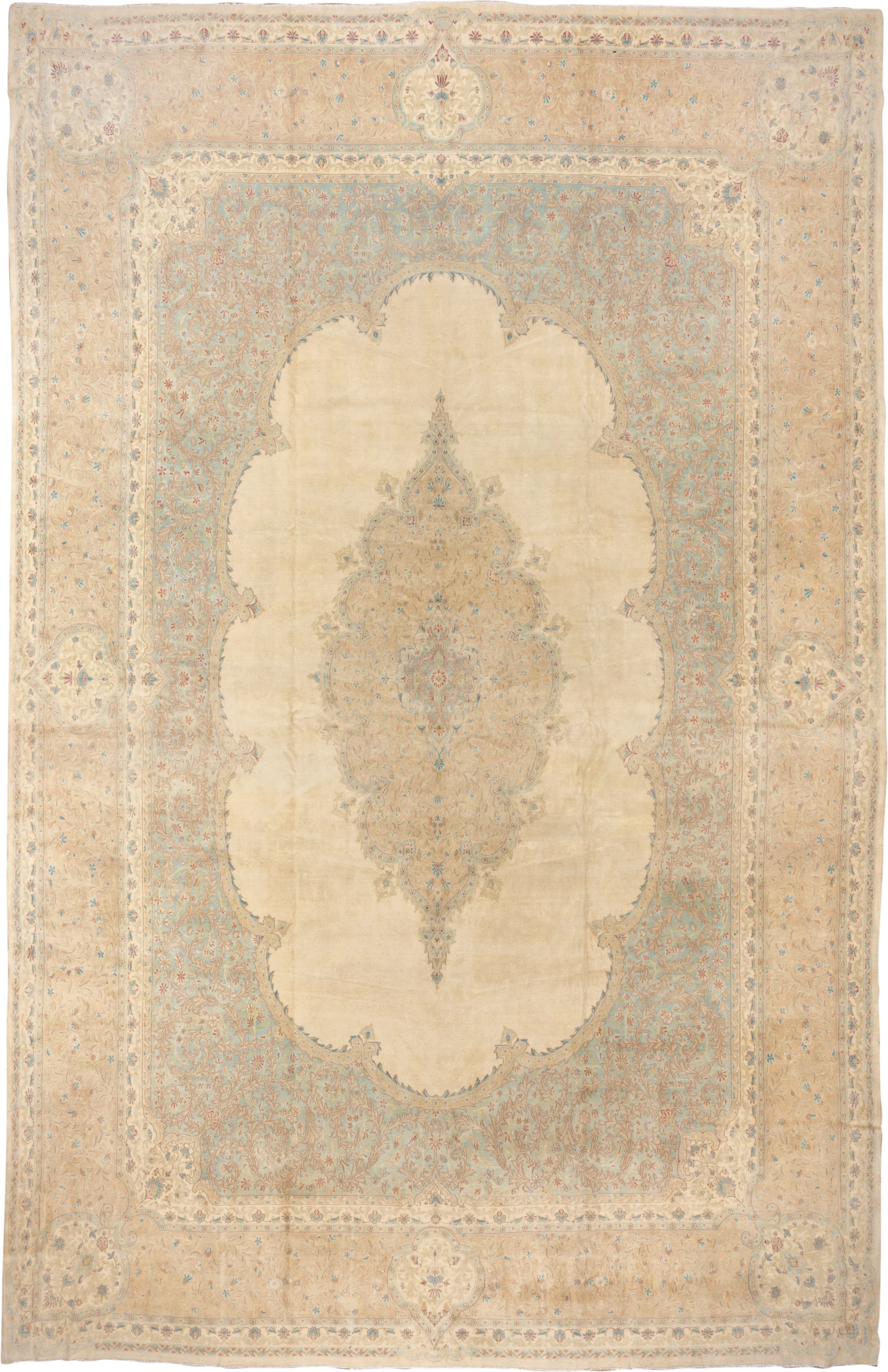 12' x 19' one-of-a-kind handmade vintage Kerman oversize rug. Color palette: ivory, beige, sky blue, taupe, blush, cream