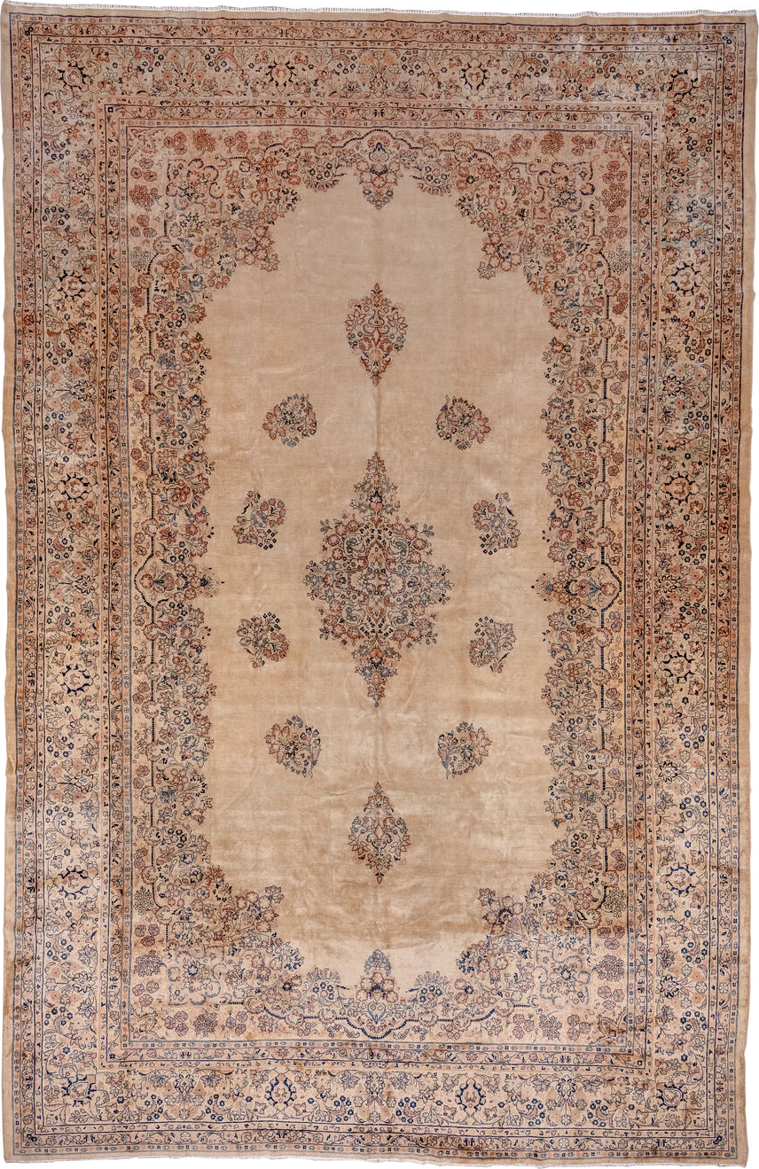 12' x 18' one-of-a-kind handmade antique Sarouk oversize rug. Color palette: beige, ivory, slate, taupe, rust, camel