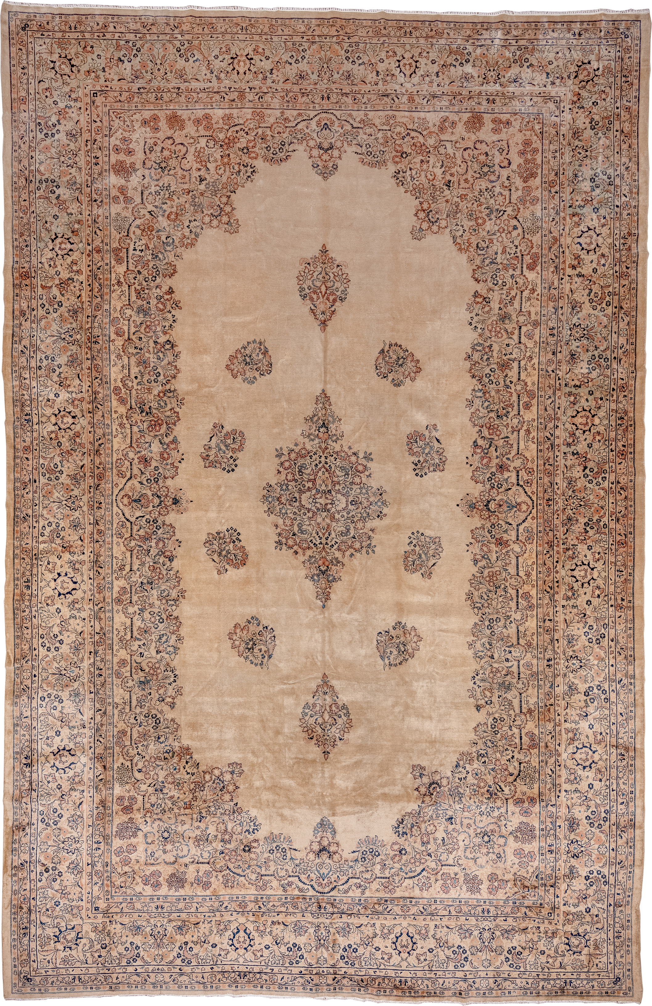12' x 18' one-of-a-kind handmade antique Sarouk oversize rug. Color palette: beige, ivory, slate, taupe, rust, camel