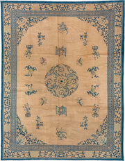 8' x 11' one-of-a-kind handmade antique Chinese large size rug. Color palette: camel, blue, ivory, sage, beige, green