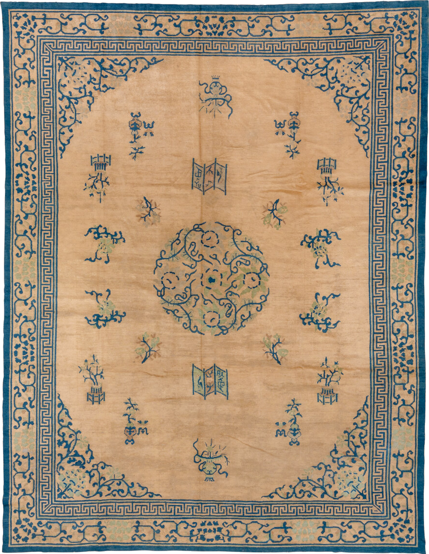 8' x 11' one-of-a-kind handmade vintage Chinese large size rug. Color palette: arapawa, blue, brown, burlywood, dim gray